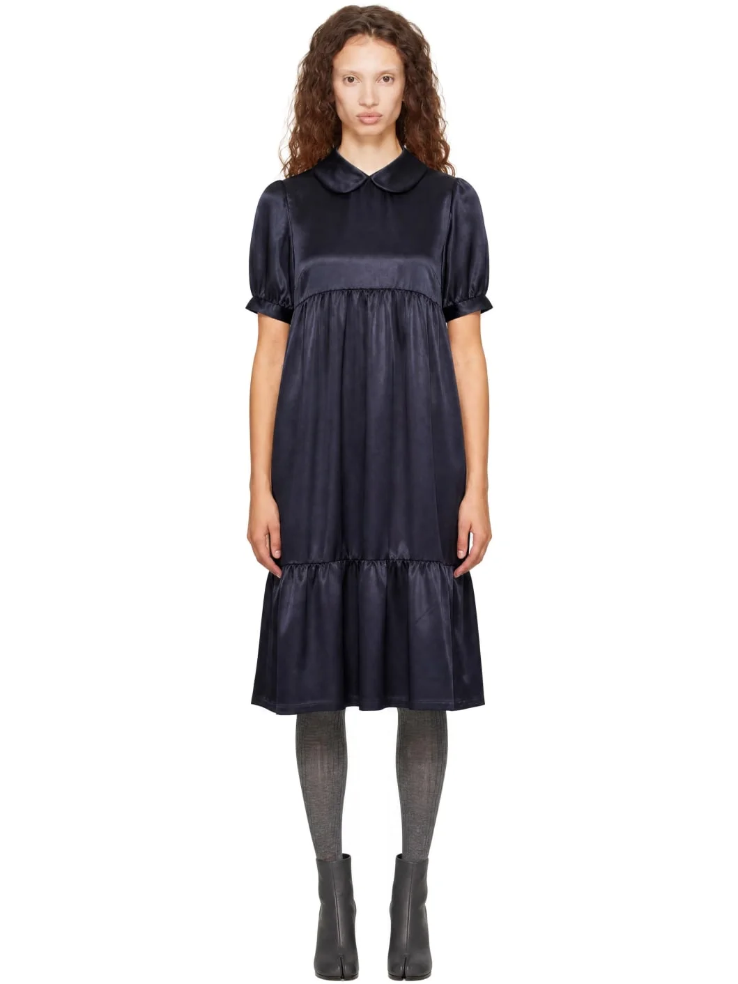 Navy Thin Satin Garment Washed Midi Dress - 1