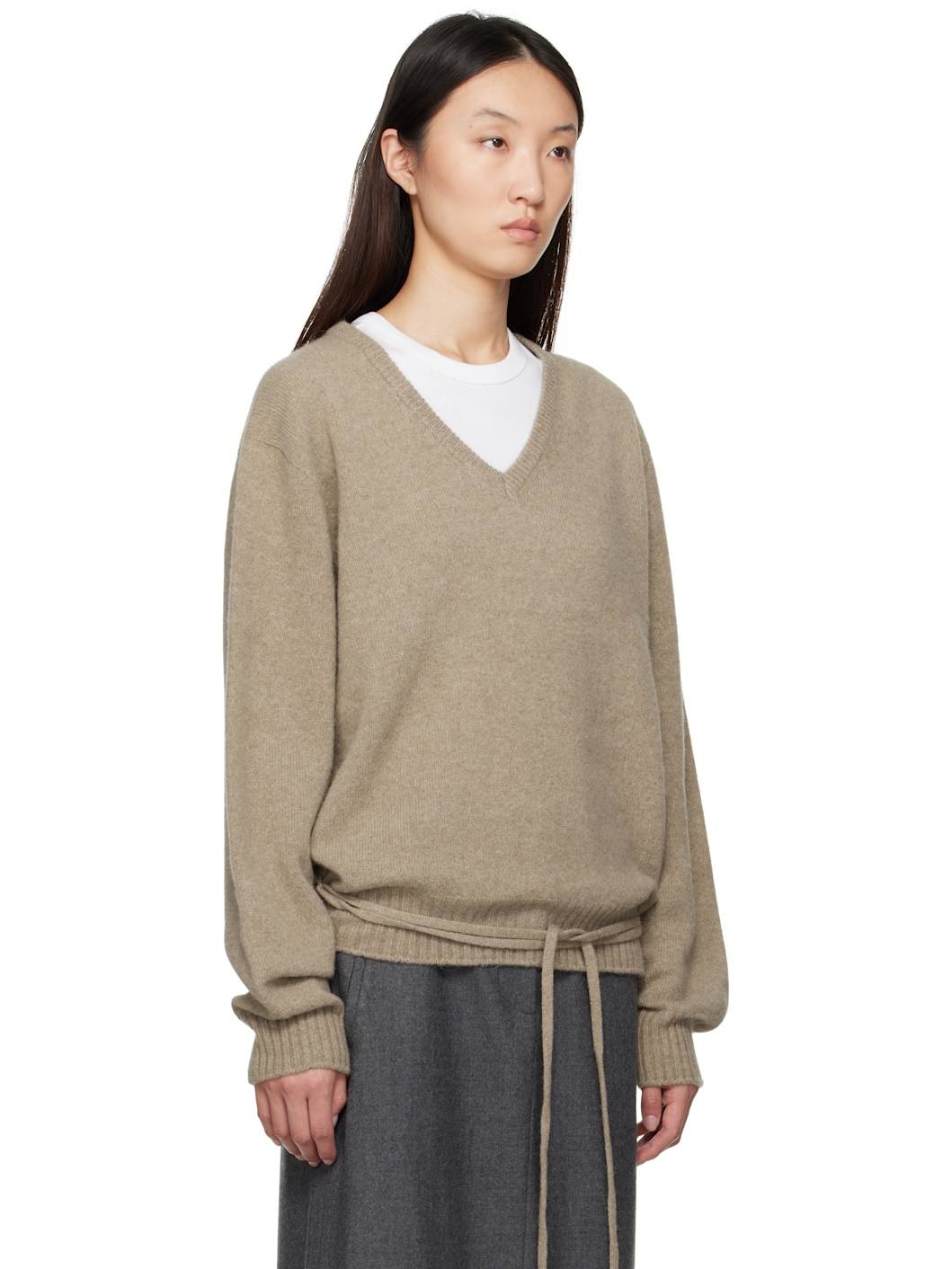Taupe Alpaca V-Neck Sweater - 2