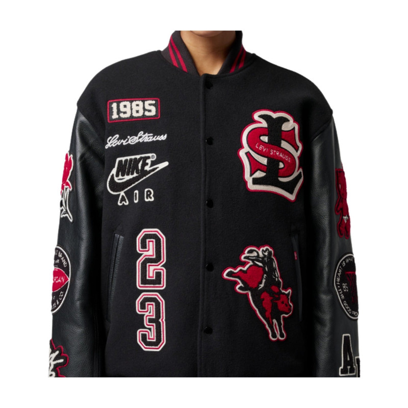 Jordan Air Jordan x Levi's Varsity Jacket Asia Sizing 'Black Gym Red' IM6739-010 outlook