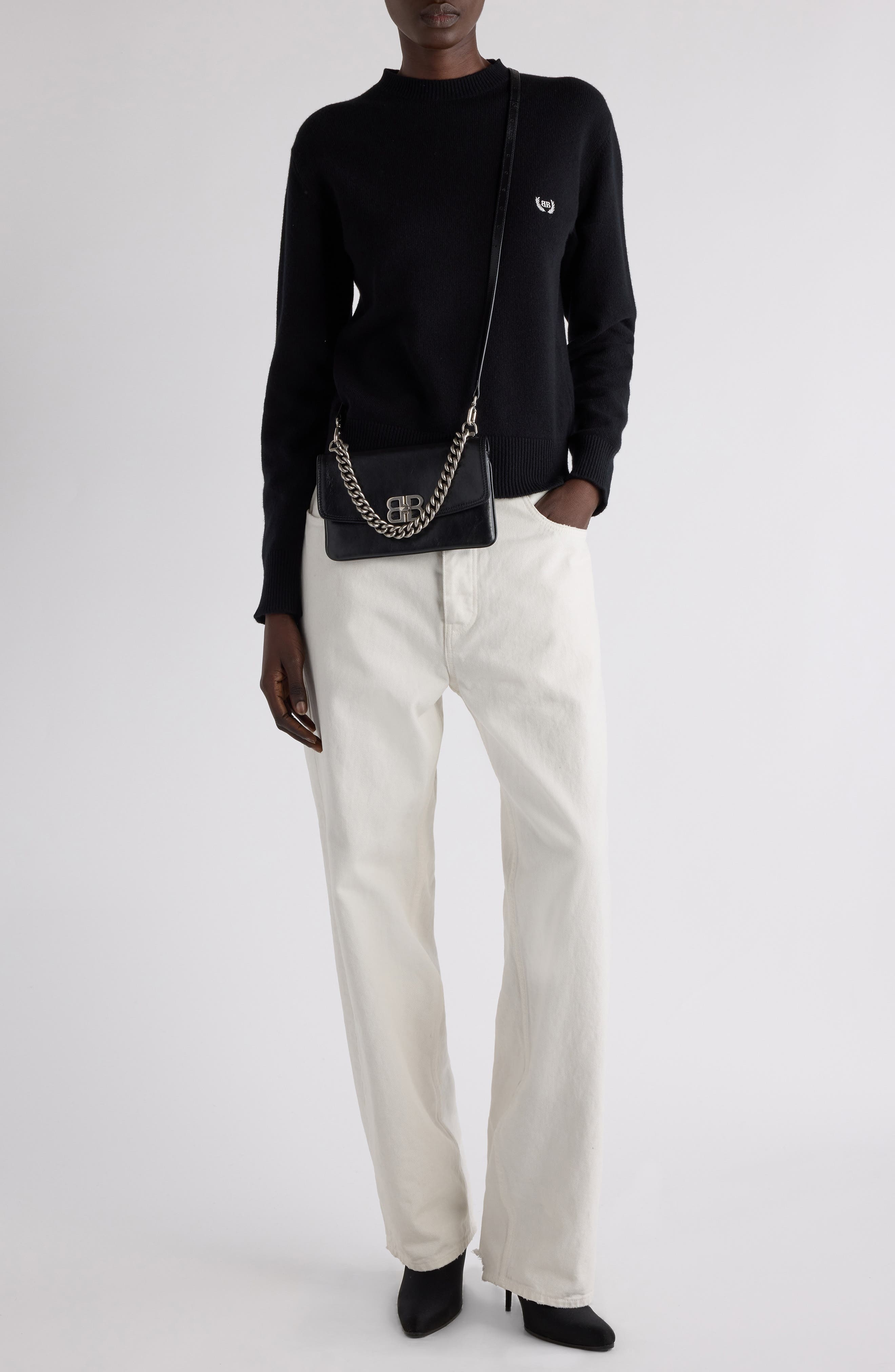 Balenciaga Logo Embroidered Wool Sweater in 1000 Black at Nordstrom - 6