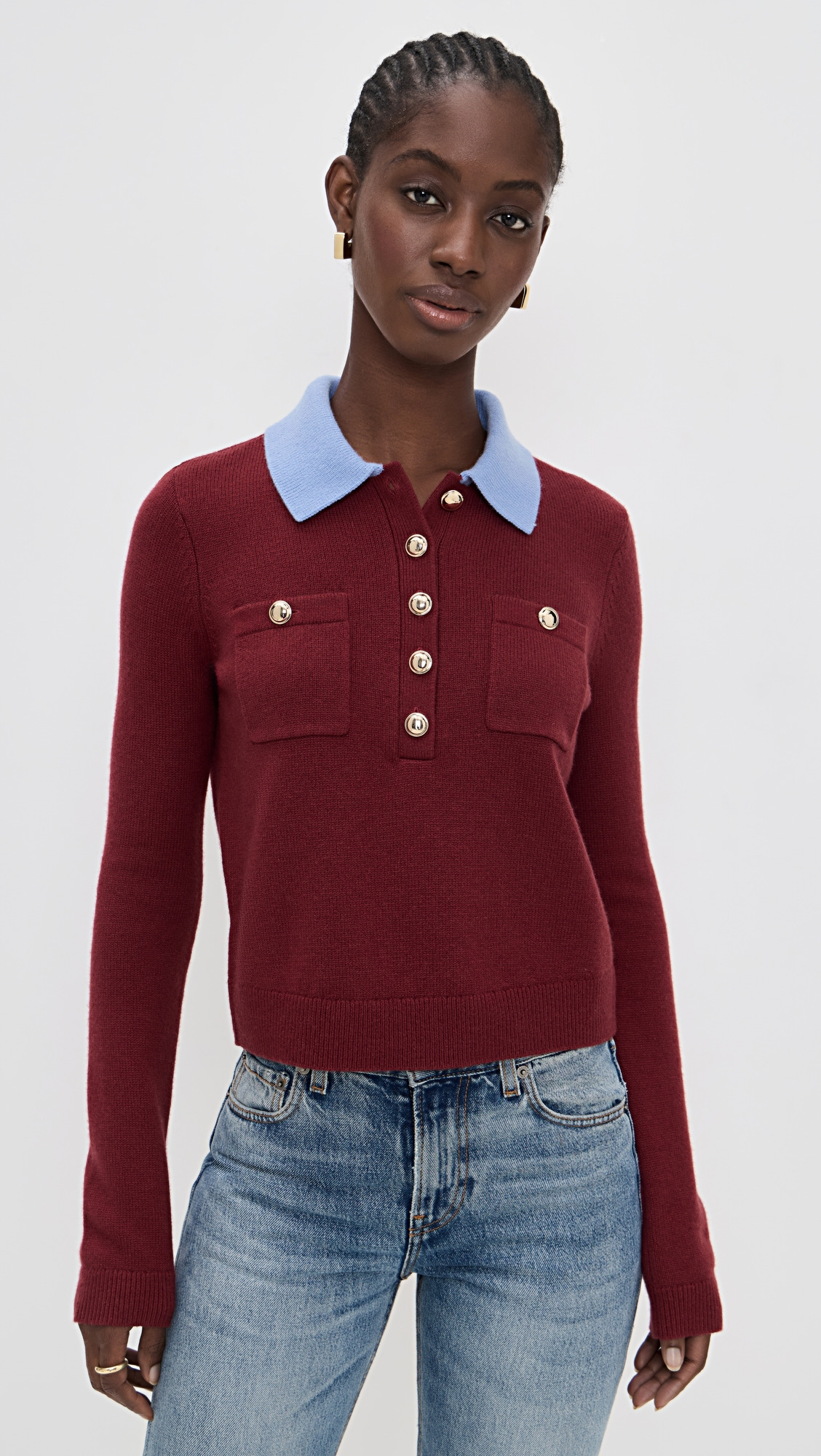 Burgundy Contrast Collar Knit Top - 6