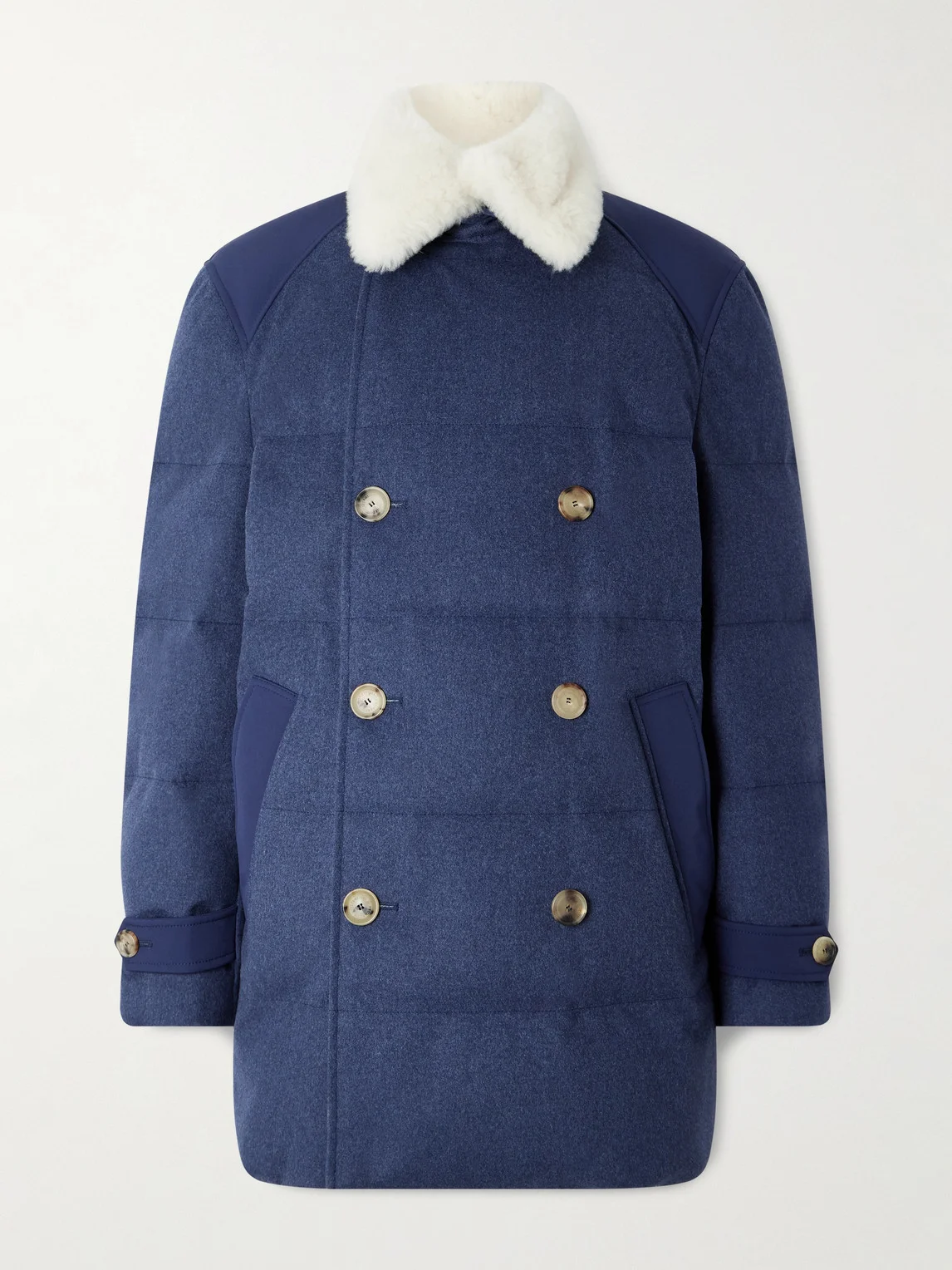 Double-Breasted Shearling-Trimmed Quilted Wool Down Coat - 1
