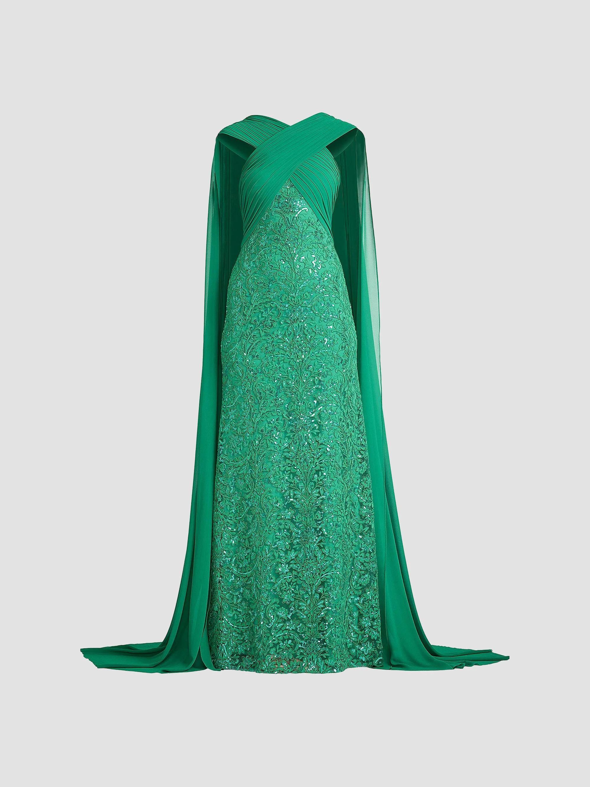 Women's Sequin-Embroidered Lace Cape Gown - Ancient Jade - 1