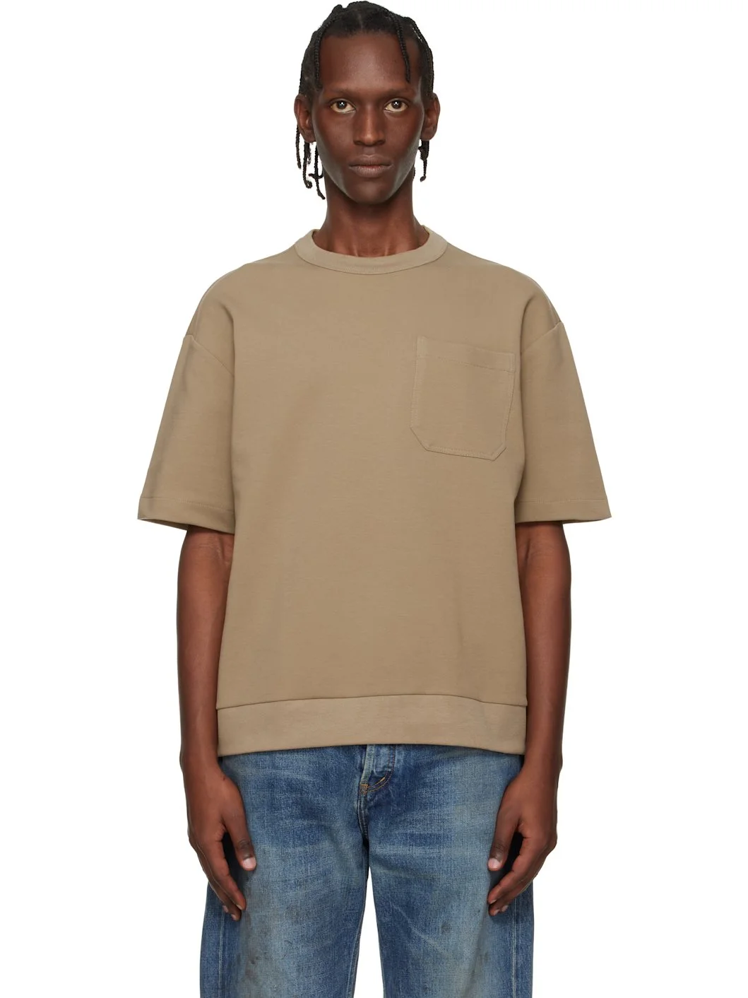 Beige Peached Cotton Blend T-shirt - 1