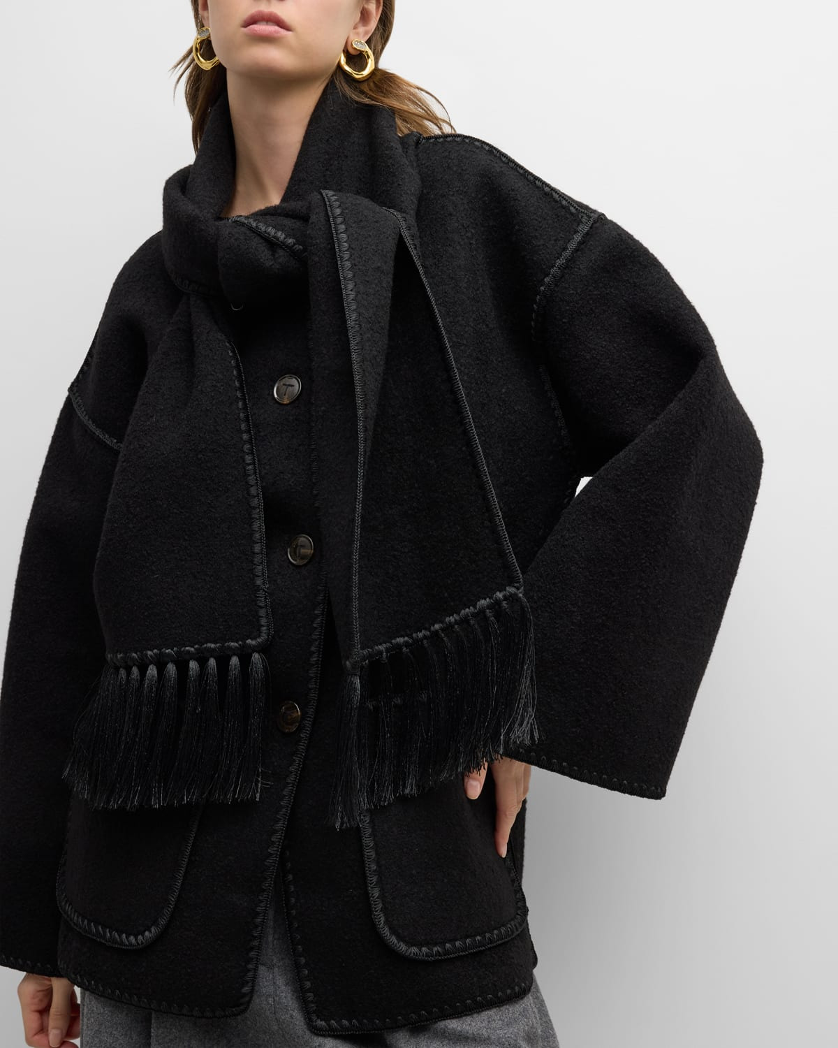 Fringe Embroidered Scarf Wool Jacket - 6