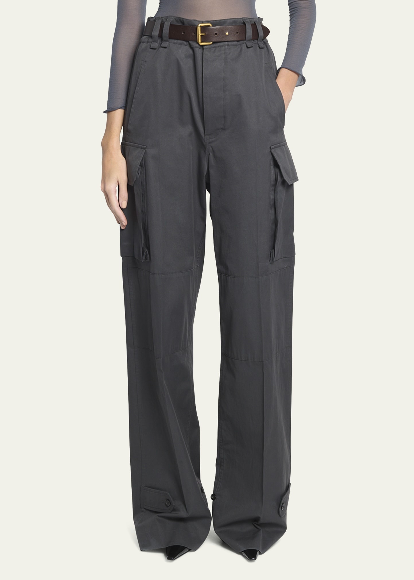 Wide-Leg Cargo Pants with Leather Belt - 4