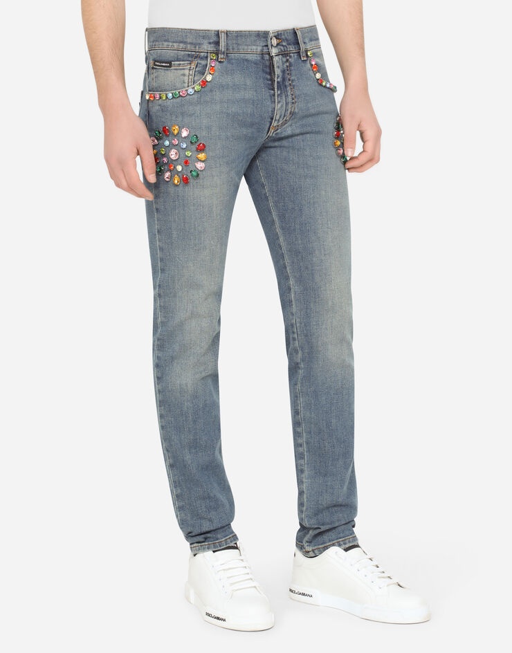 Blue skinny stretch jeans with crystals - 4