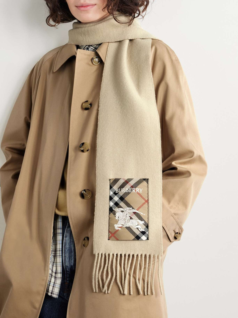 Burberry Fringed appliquéd cashmere scarf Beige outlook