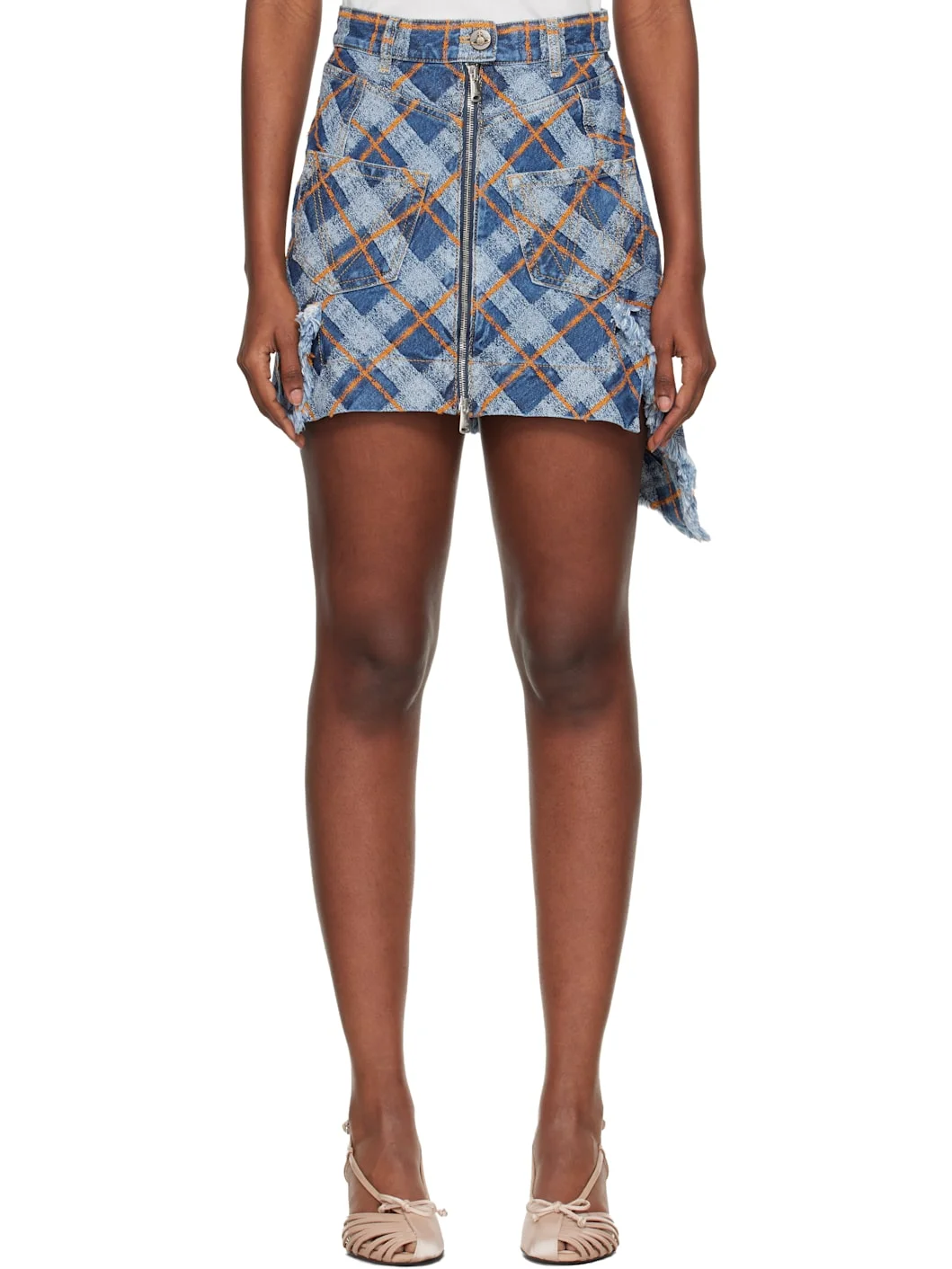 Blue & Orange Tartan Sailor Denim Miniskirt - 1