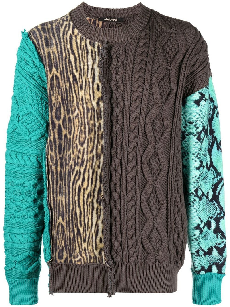 patchwork-detail crew neck jumper 1