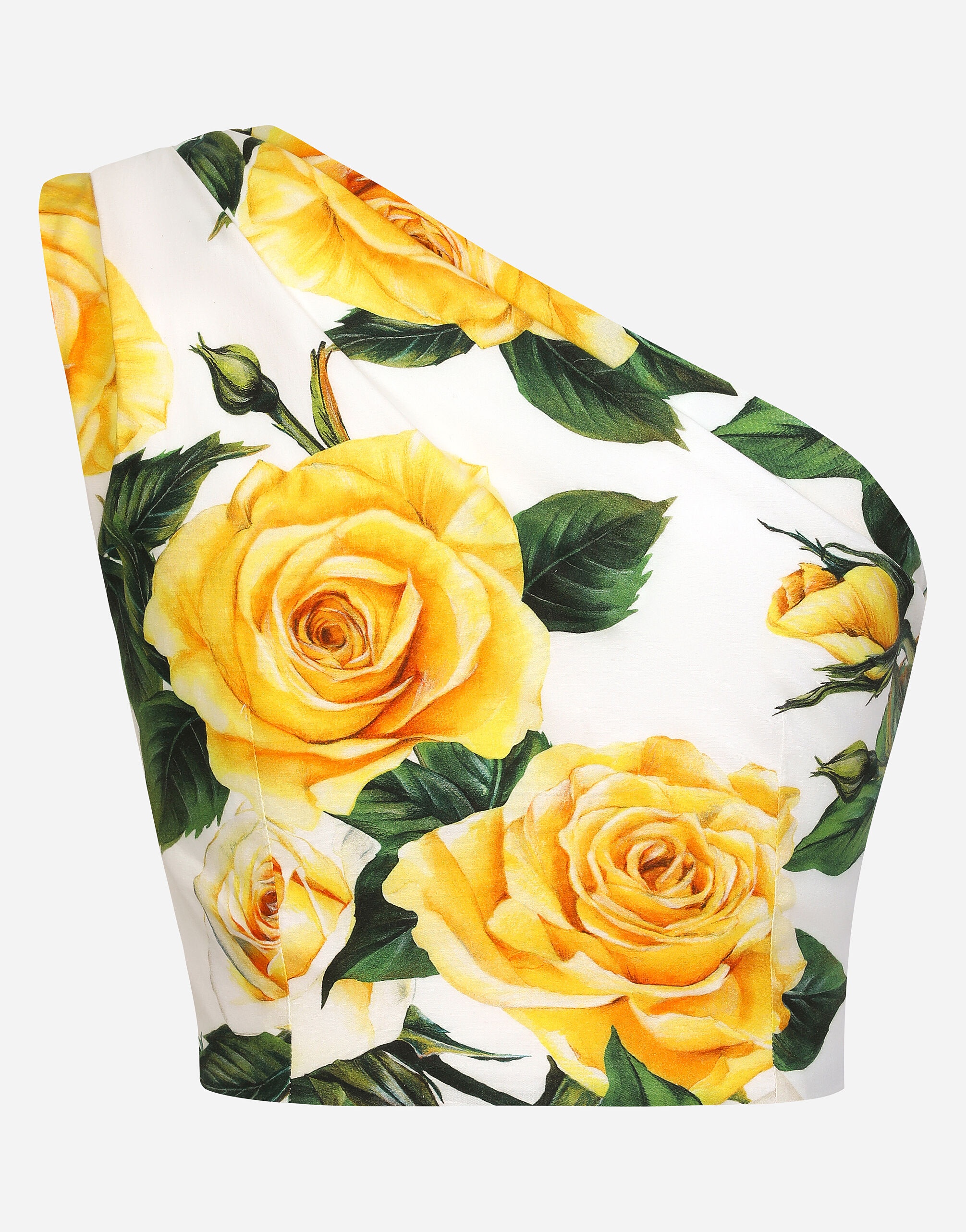 One-shoulder cotton crop top with yellow rose print - 2