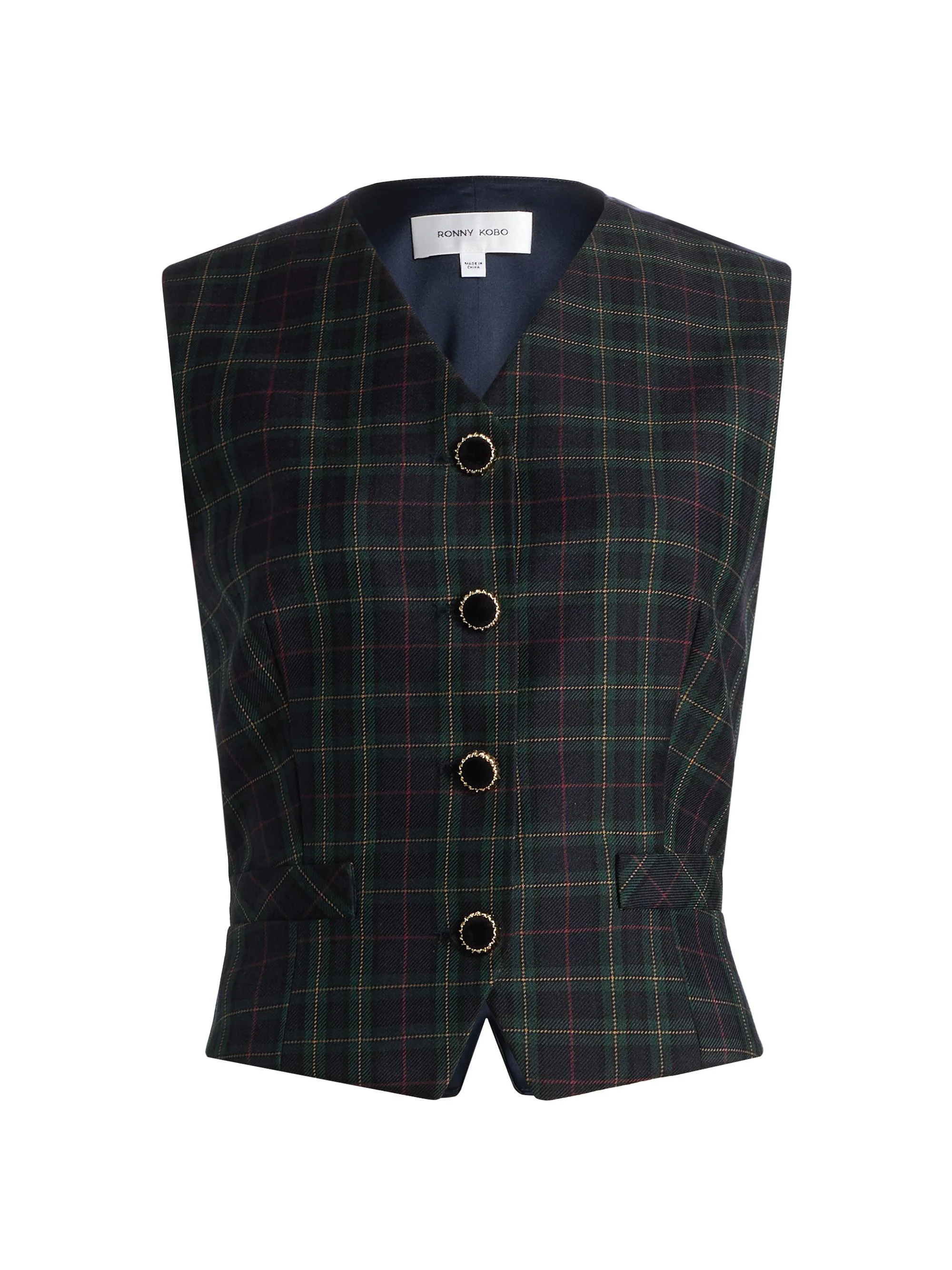 Women's Lily Plaid Vest - Navy Green Plaid - 1