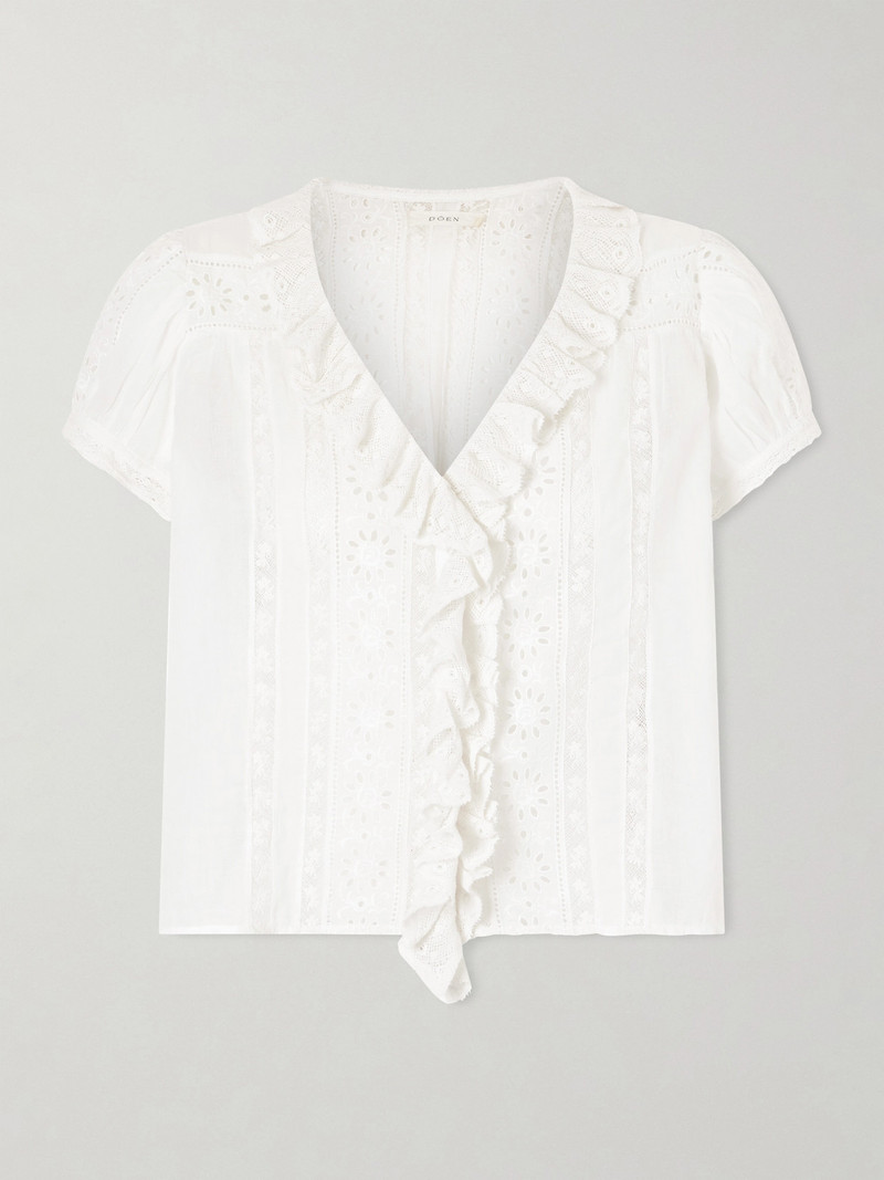 Clairette Cropped Ruffled Lace-trimmed Organic Cotton-voile Top 1
