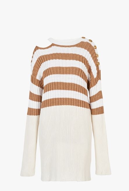 Ecru and sand-colored striped eco-designed wool dress - 1