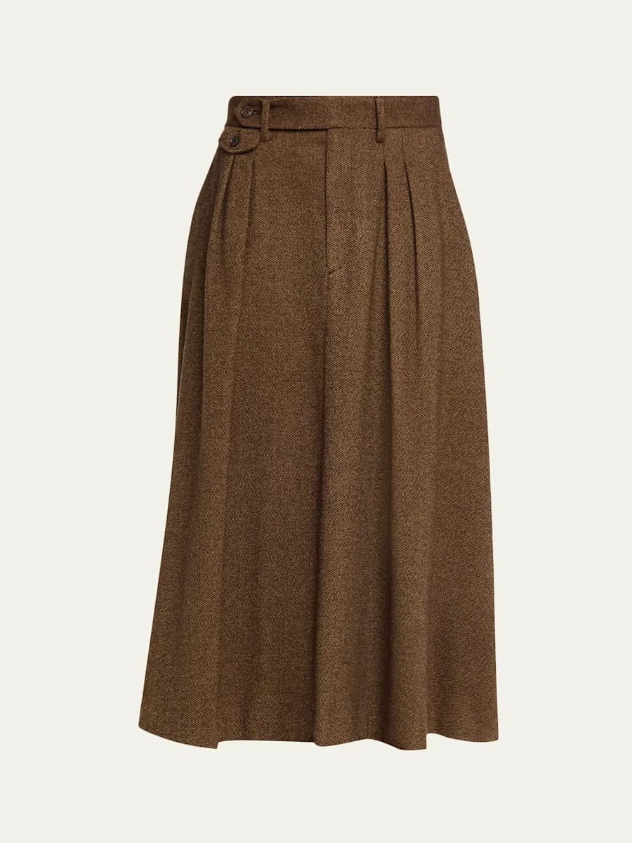 Pleated Birdseye Tweed Midi Skirt - 1