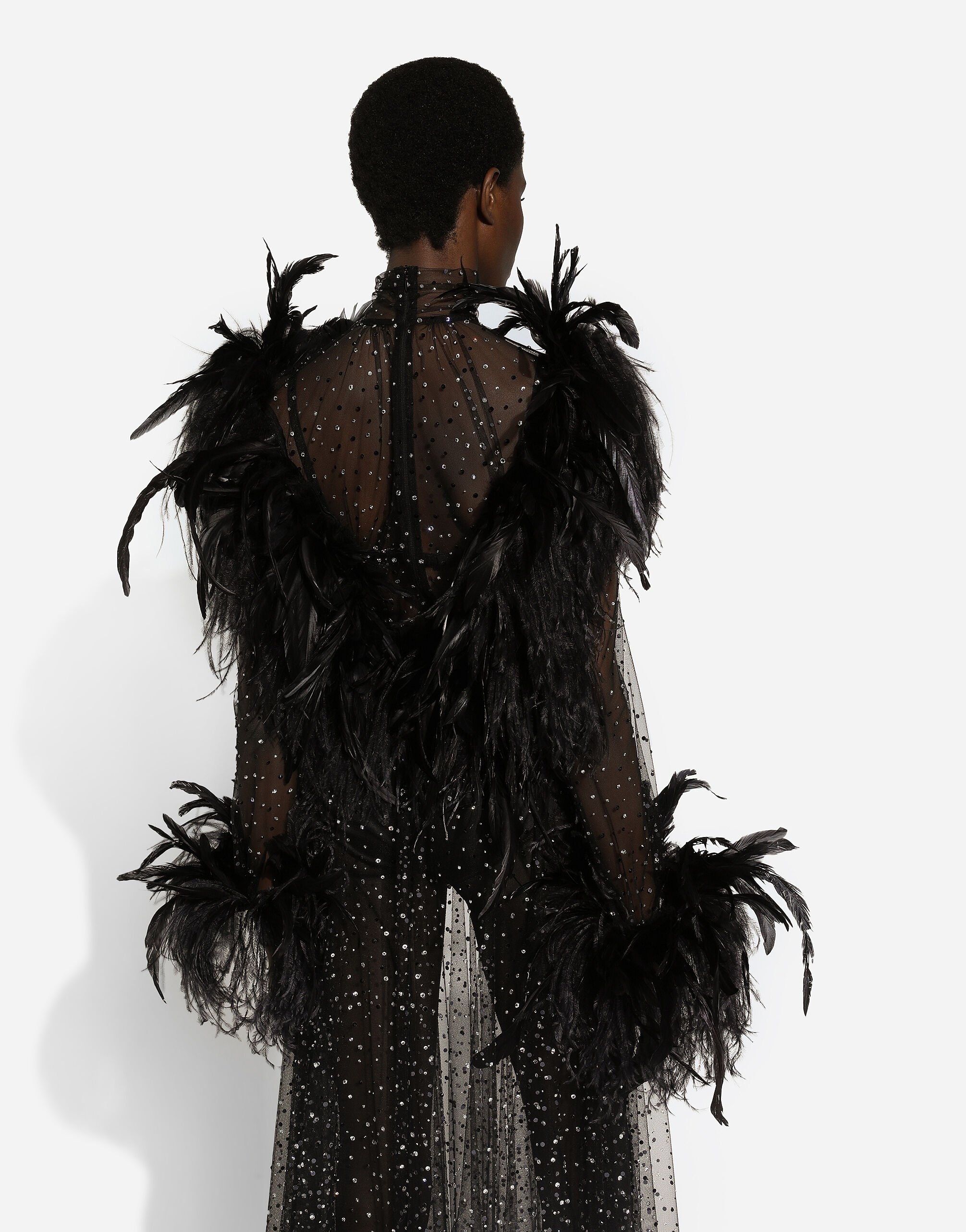 Calf-length stretch tulle dress with fusible rhinestones and rooster and ostrich feather embellishme - 8