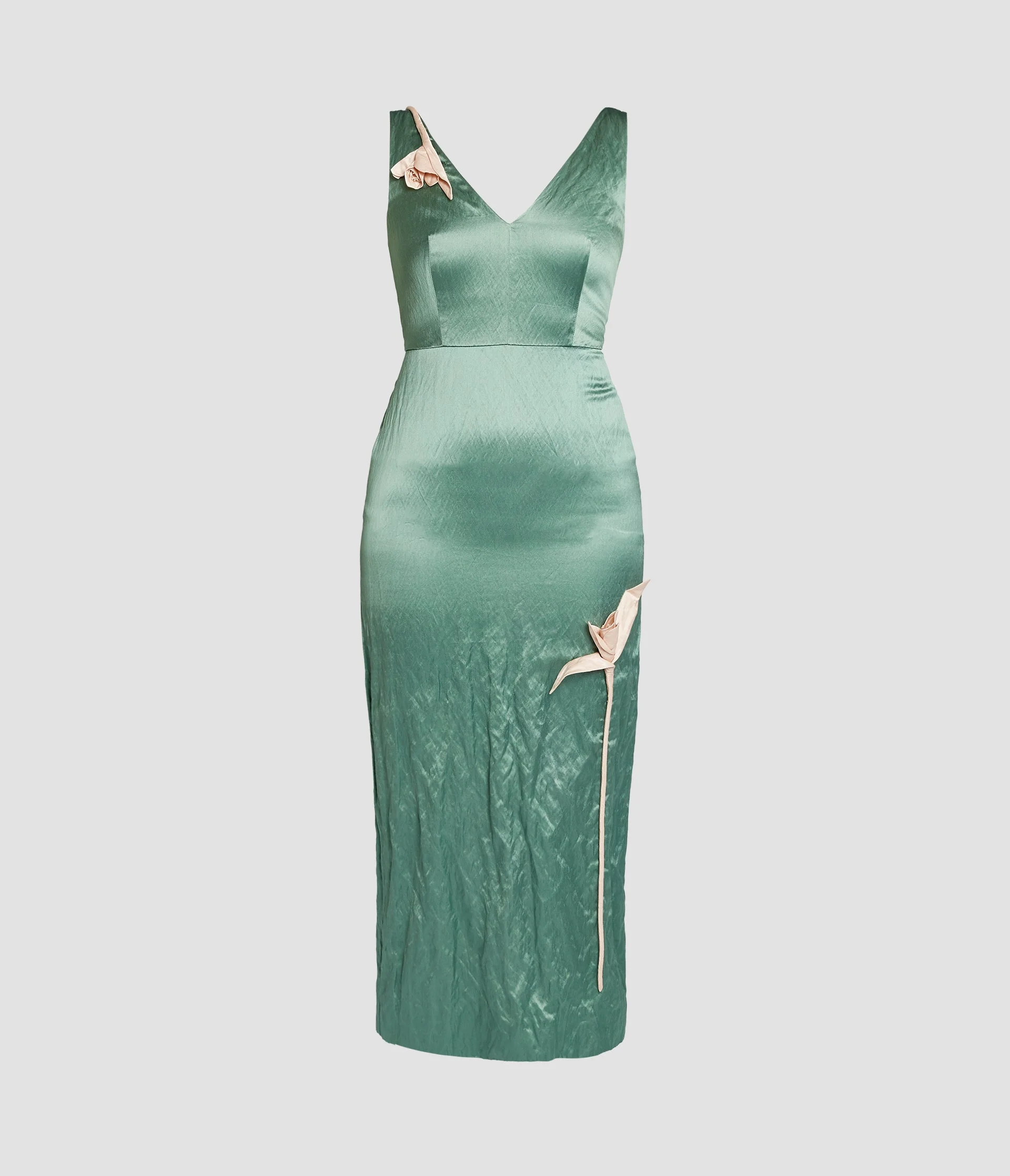 EMBROIDERED TEXTURED SATIN SLEEVELESS MIDI DRESS - 1