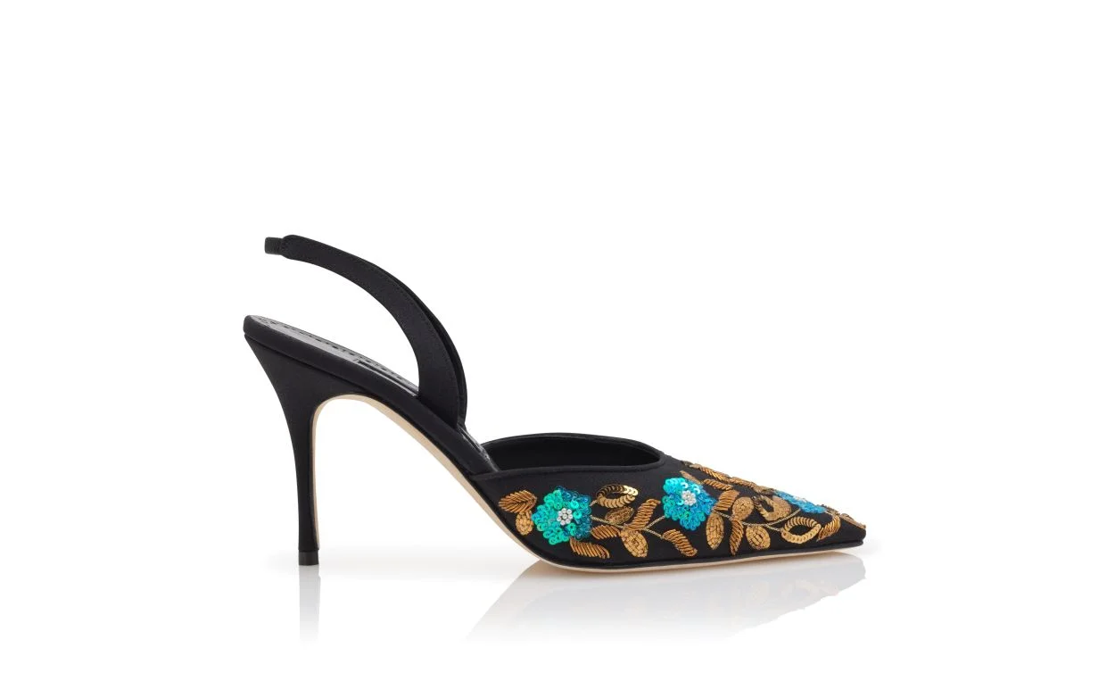 Black Crepe de Chine Embroidered Slingback Pumps - 1