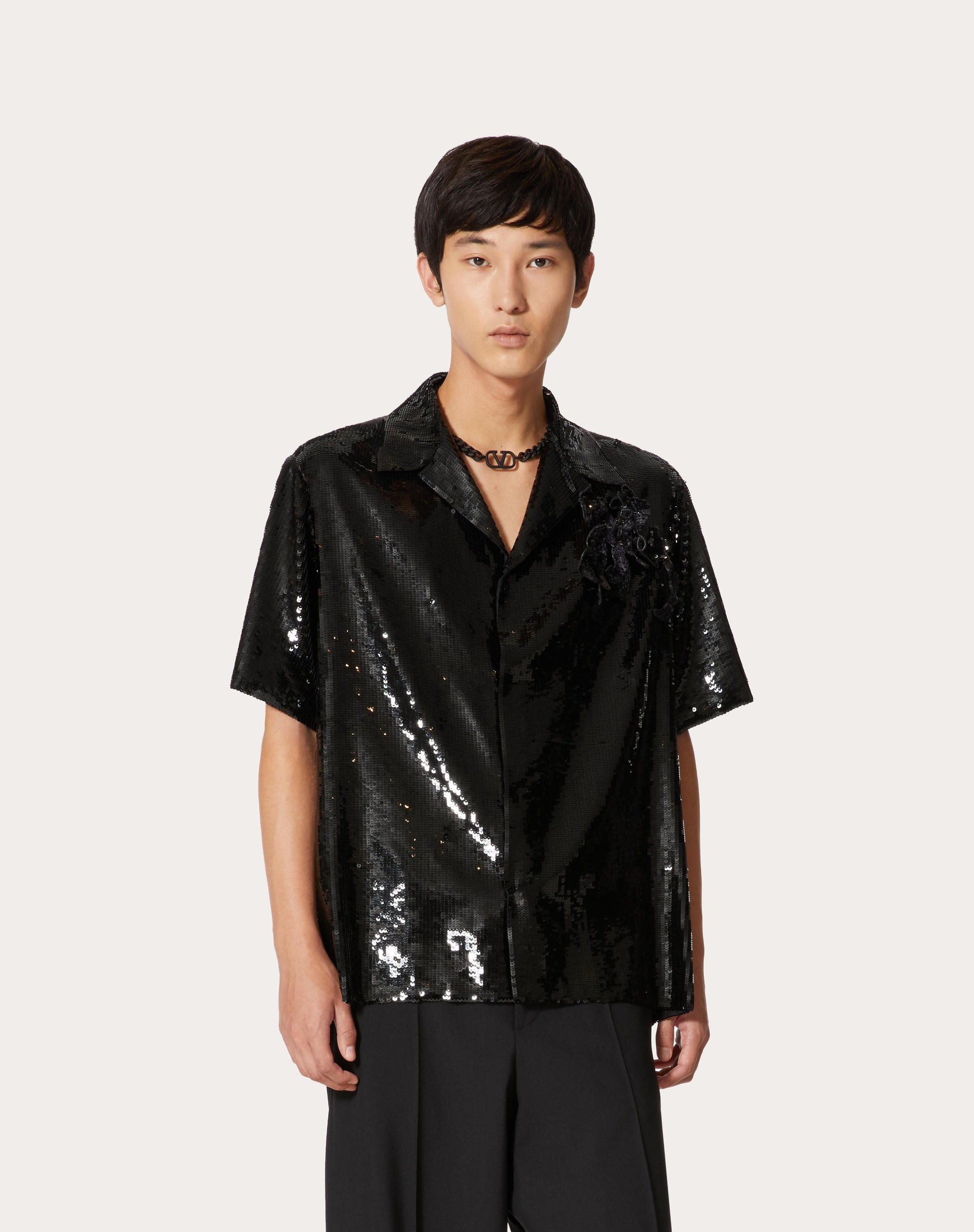 CHIFFON BOWLING SHIRT WITH ALL-OVER SEQUINS AND FLORAL EMBROIDERY - 3