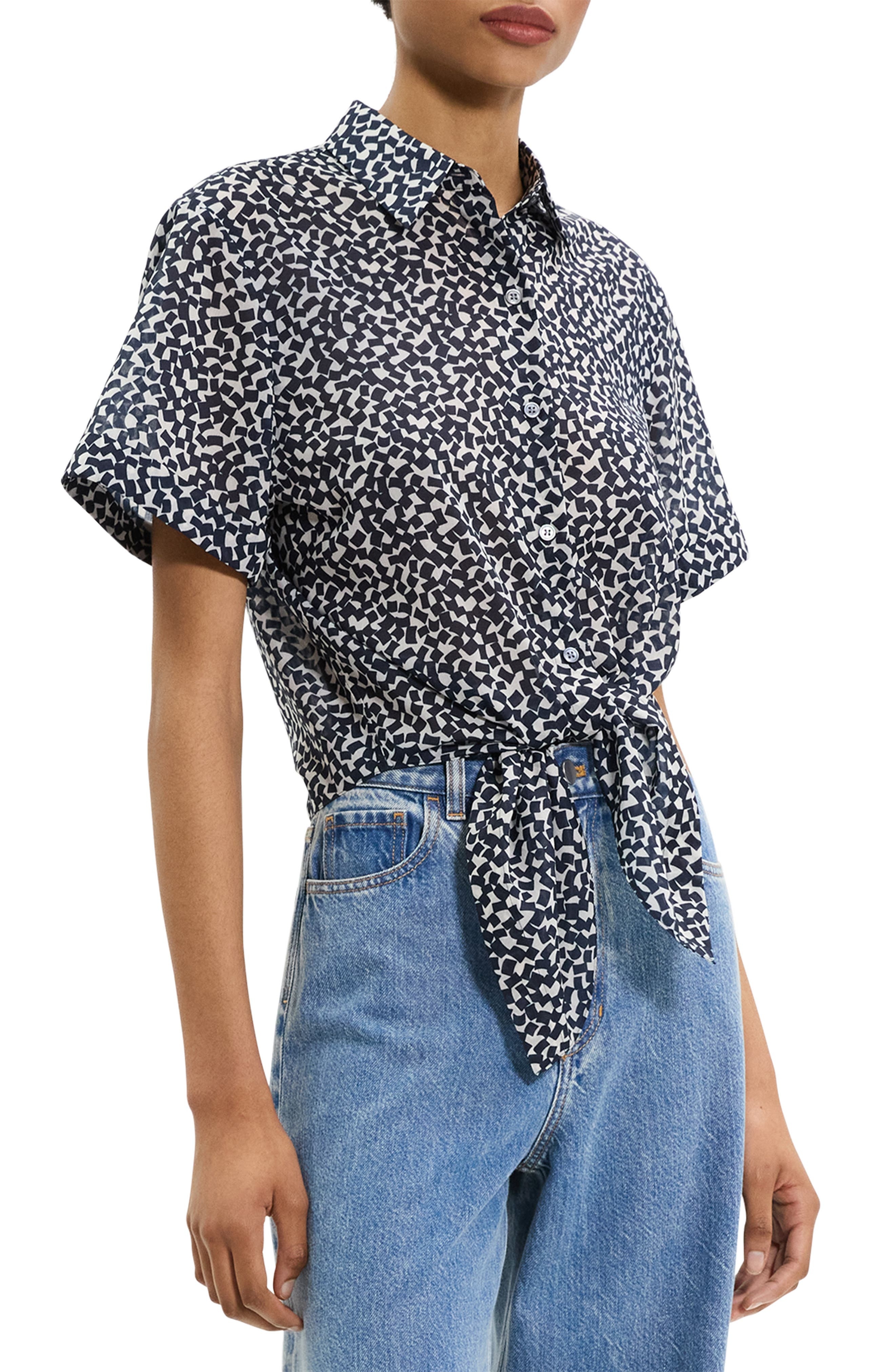 Theory Geometric Tie Front Button-Up Shirt in Navy Multi at Nordstrom - 3