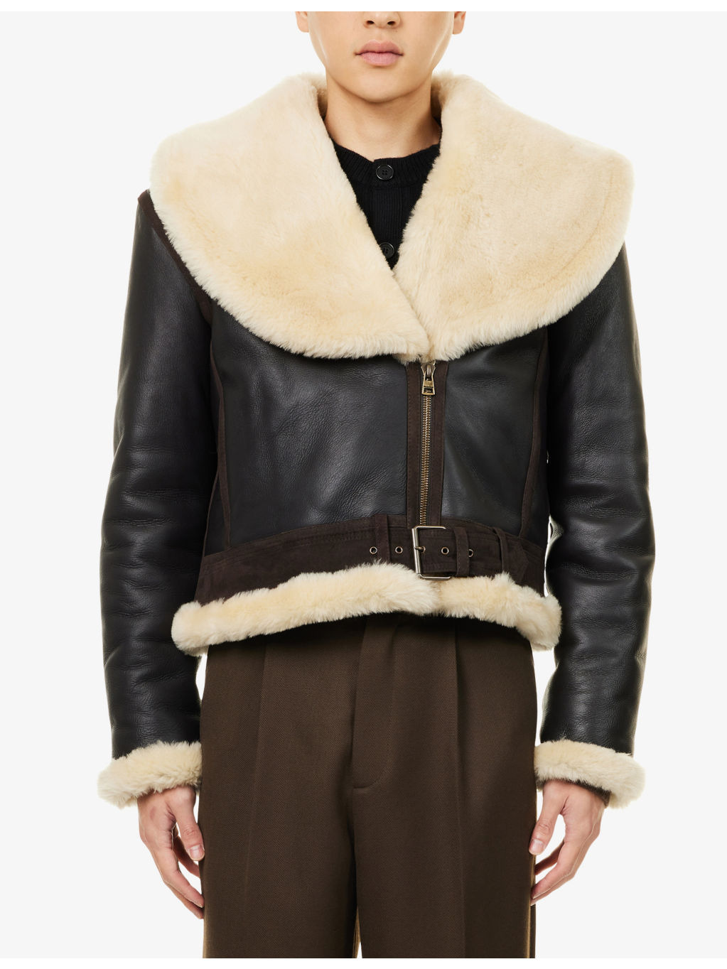 Oversized-Collar Sheepskin Leather Aviator Jacket - 3