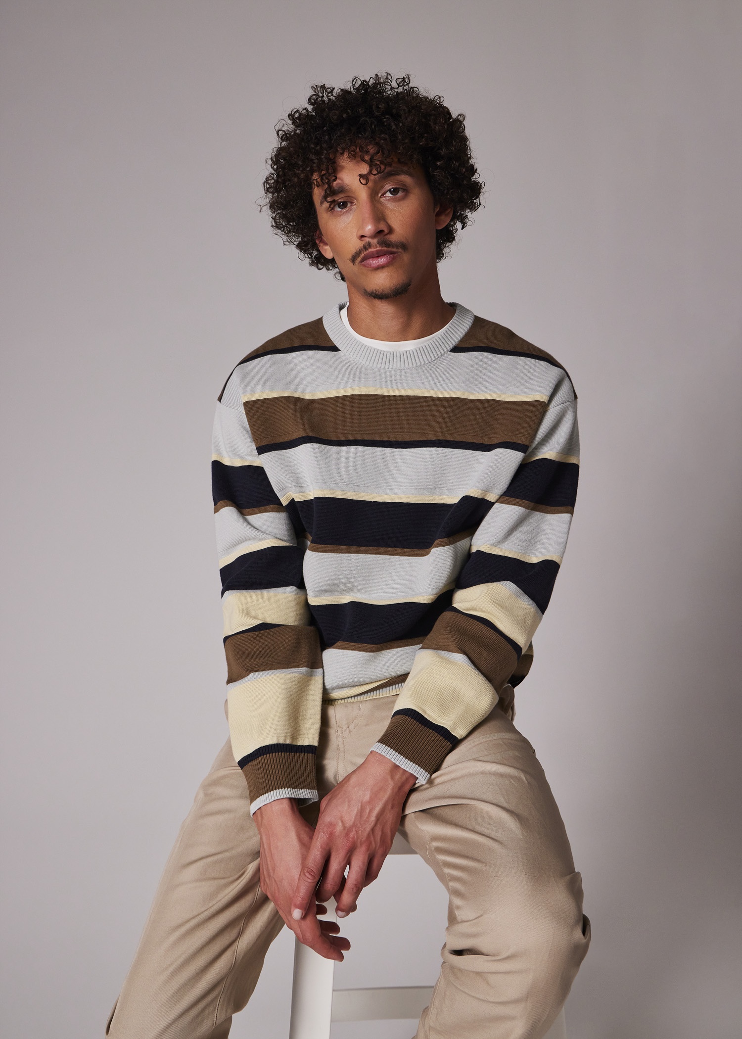 Grey And Khaki Stripe Milano Cotton Sweater - 3