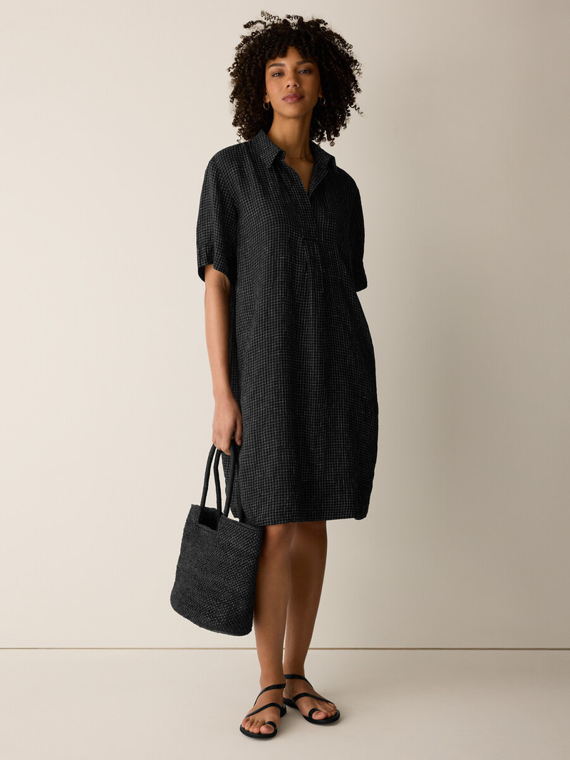 Puckered Organic Linen Grid Classic Collar Dress 3