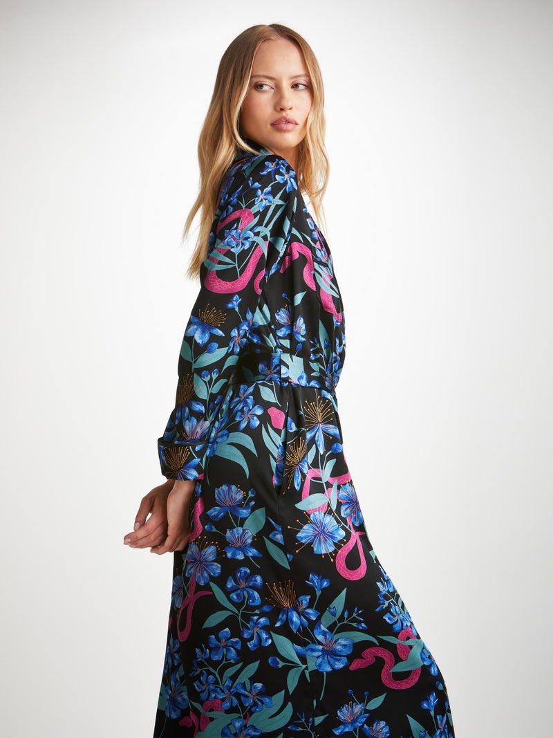Women's Long Dressing Gown Brindisi 101 Silk Satin Black - 5