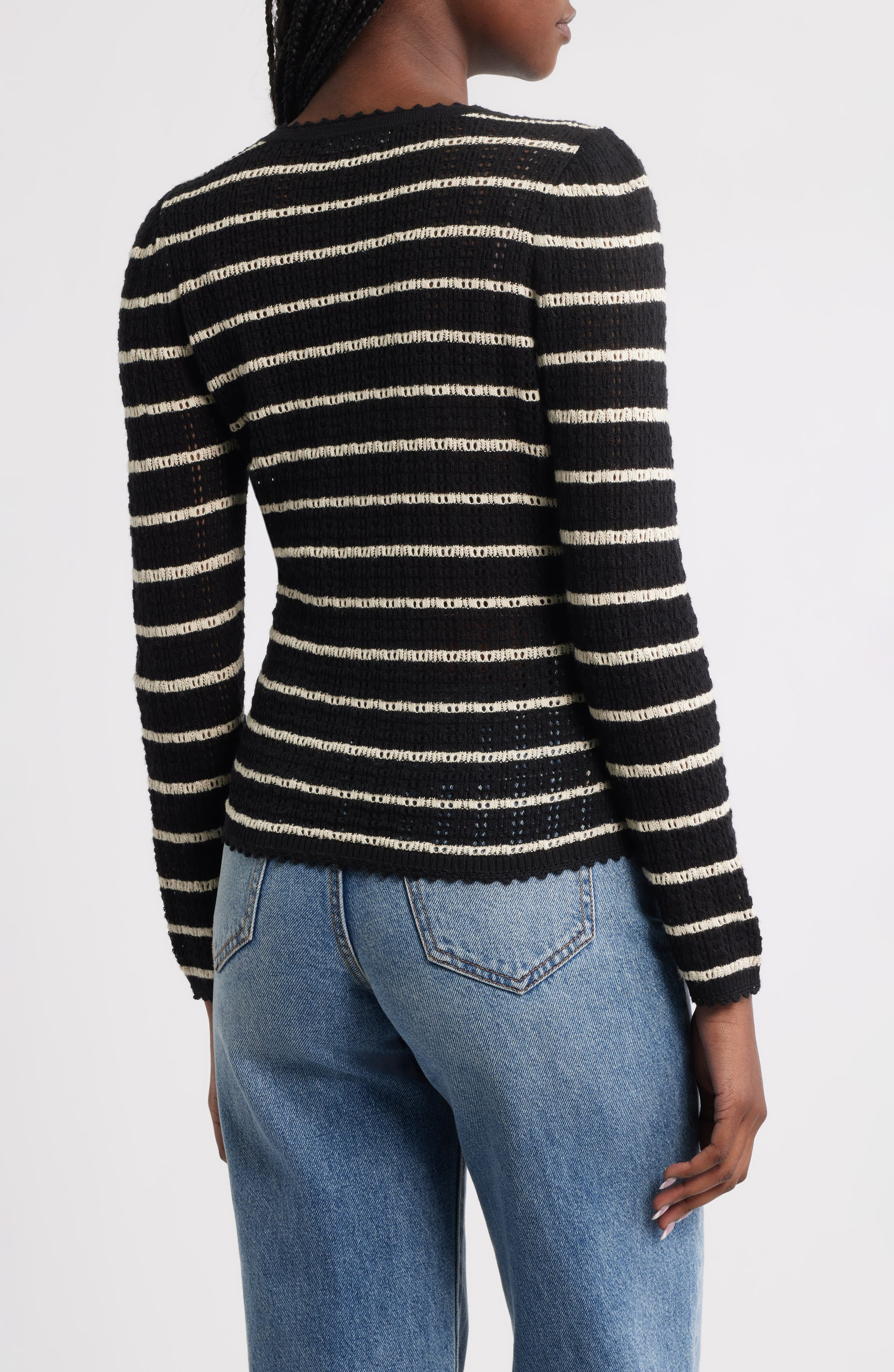 DÔEN Therese Stripe Open Knit Pima Cotton & Silk Cardigan in Noir Allaire Stripe at Nordstrom - 2