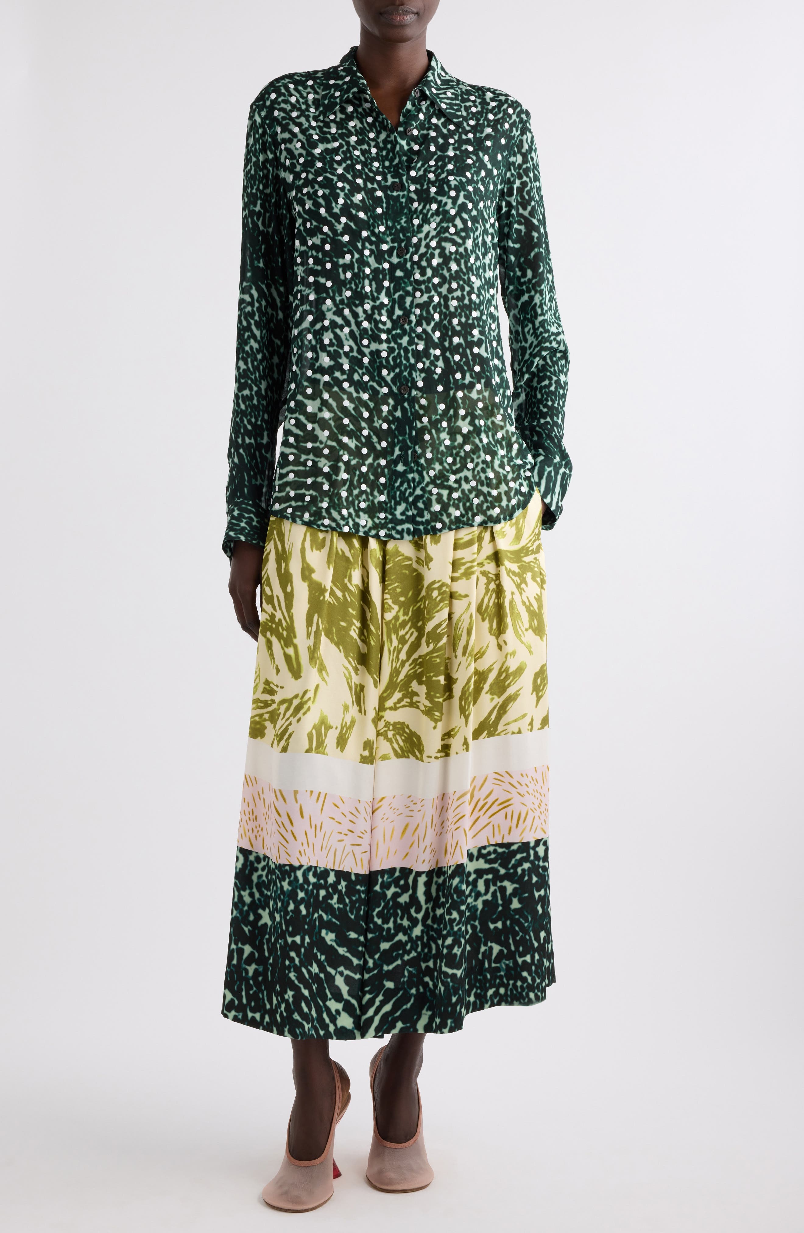 Dries Van Noten Mixed Print A-Line Midi Skirt in Khaki at Nordstrom - 2