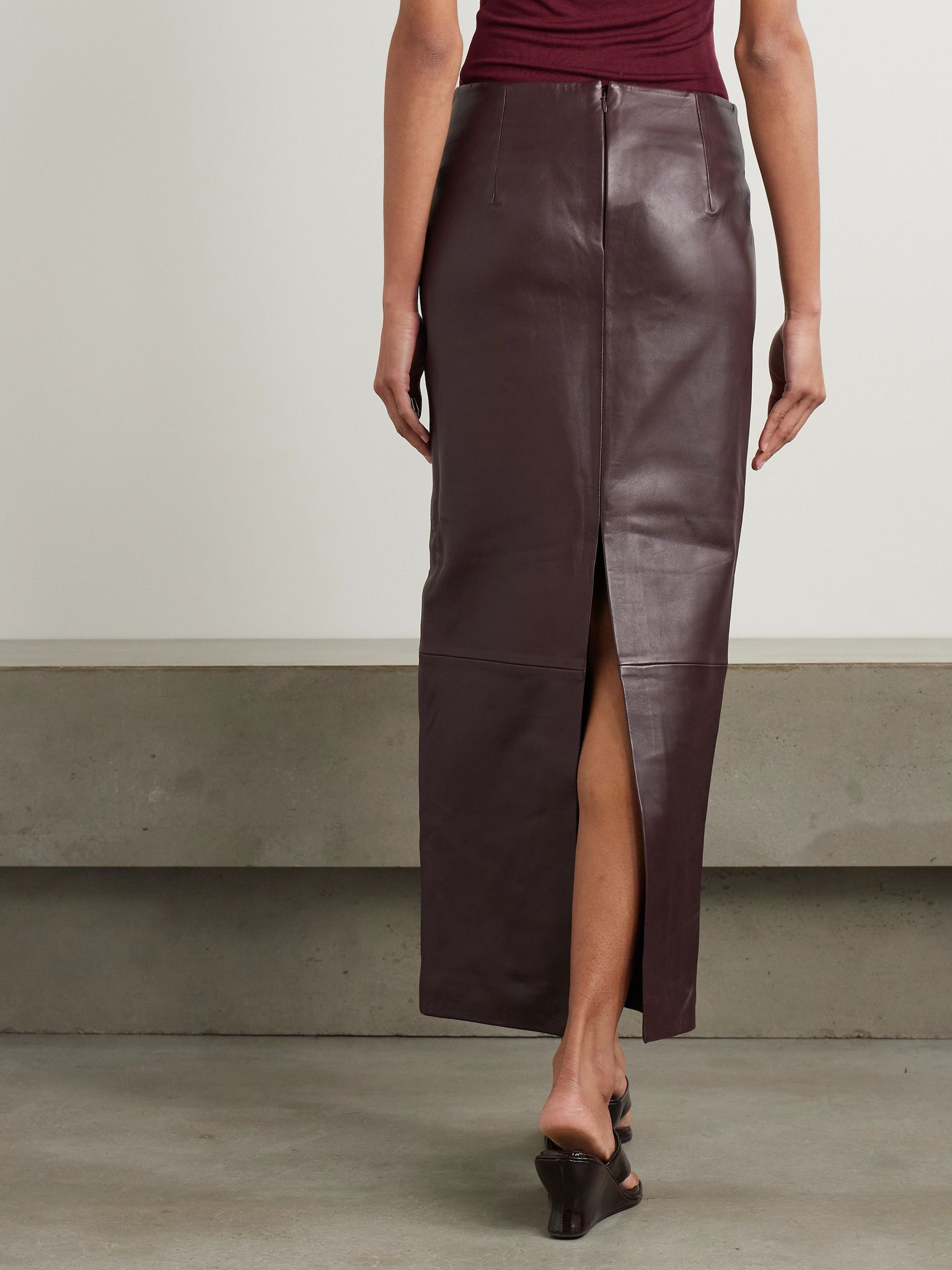 Paneled leather maxi skirt Burgundy - 3