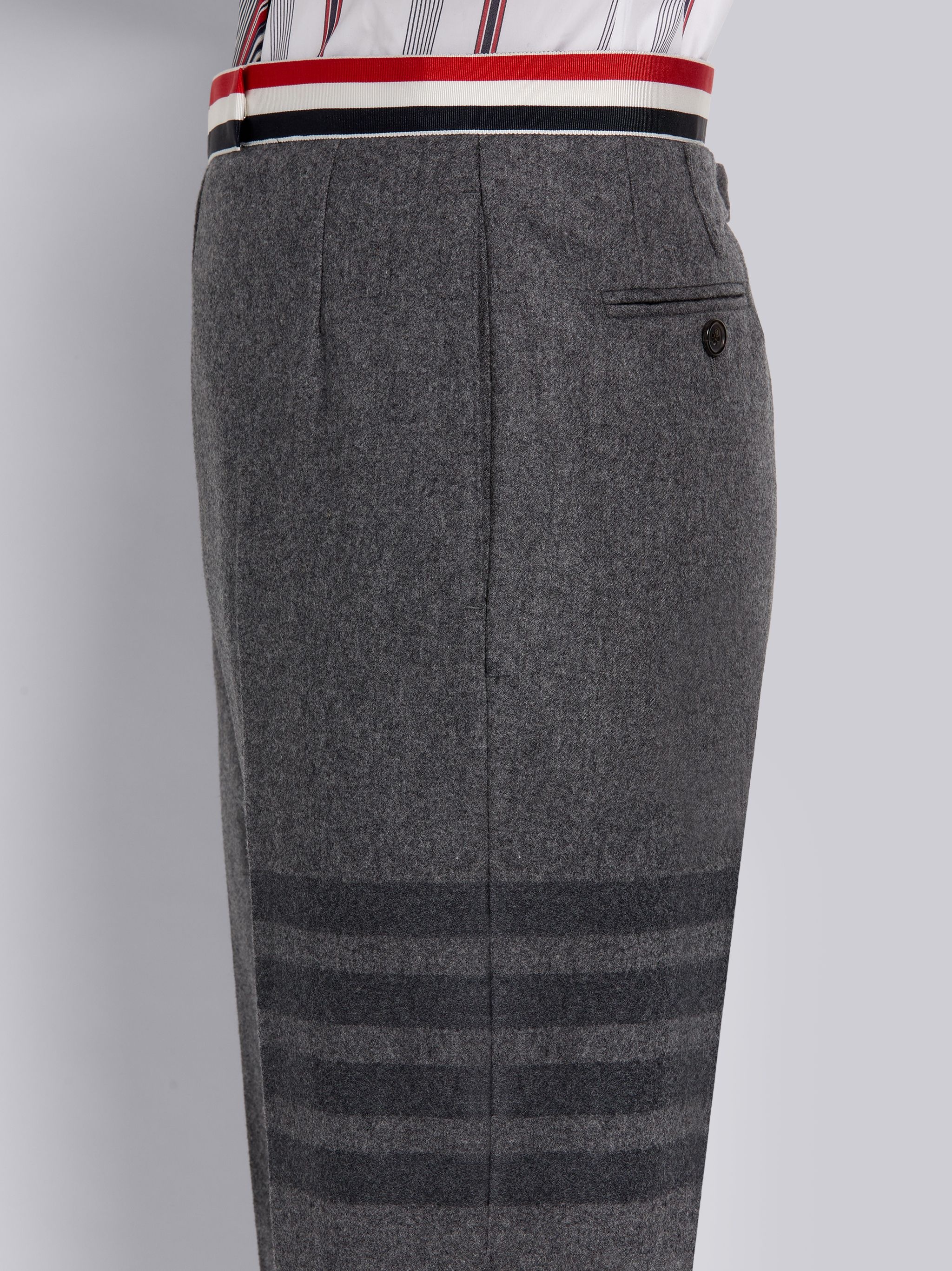 Medium Grey Wool Flannel Grosgrain Stripe Waistband Classic Backstrap Trouser - 5
