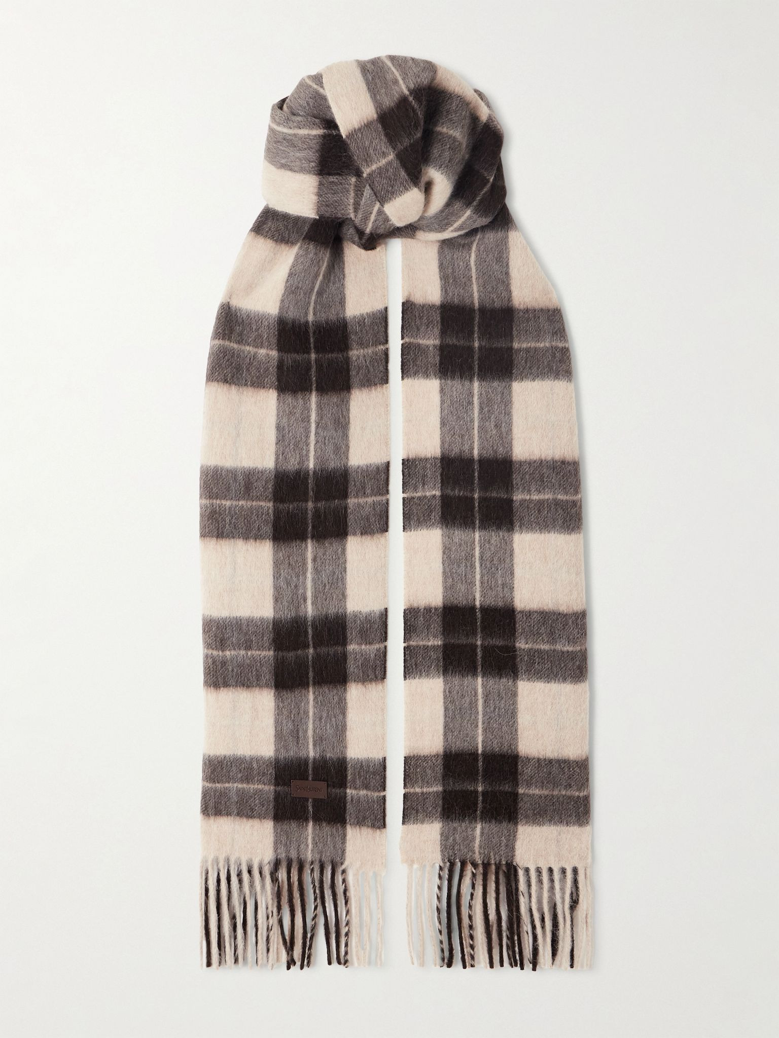 Fringed checked llama and wool-blend scarf Dark brown - 1
