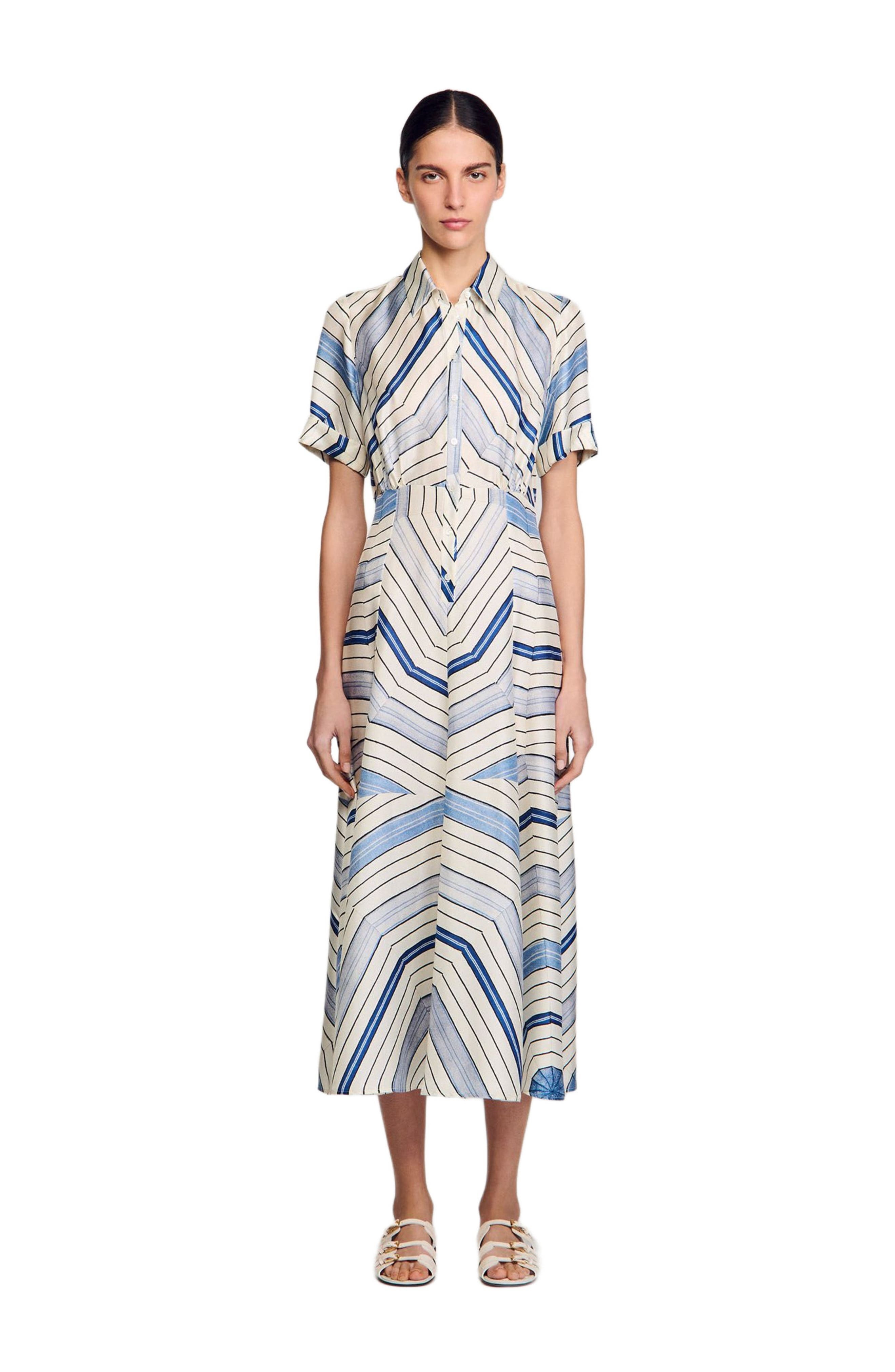 SANDRO Spiral-motif silk midi dress in Sky Blue at Nordstrom - 1
