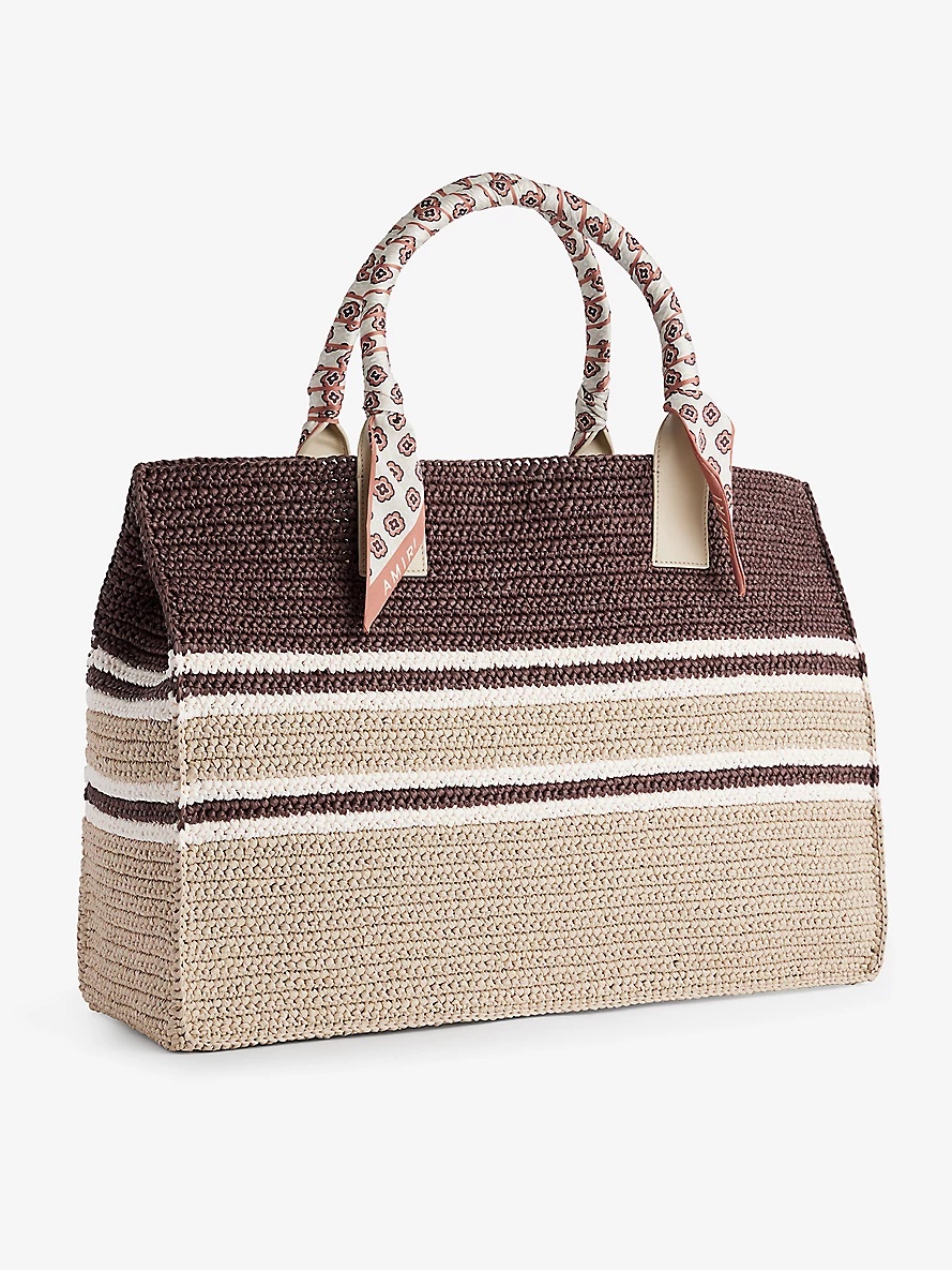 Brand-embroidered striped raffia tote bag - 3