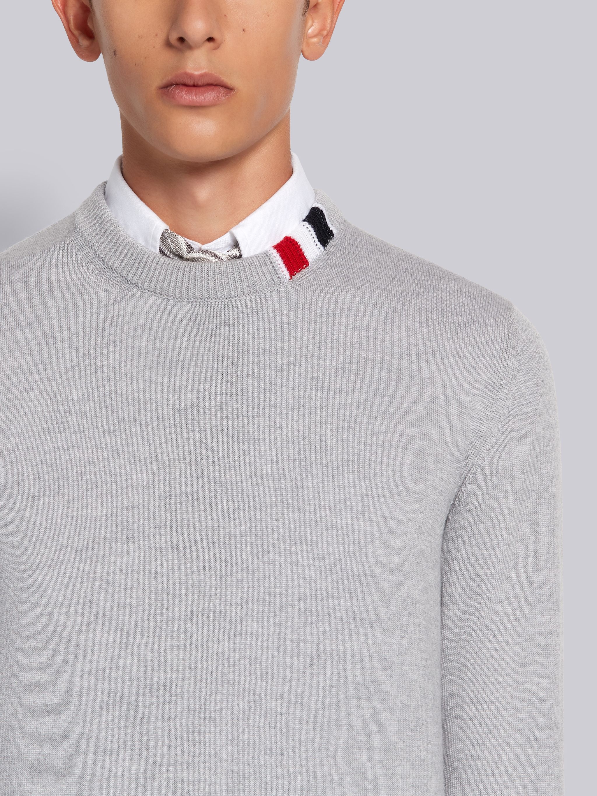 Light Grey Fine Merino Wool Jersey Relaxed Fit Stripe Collar Crewneck Pullover - 5