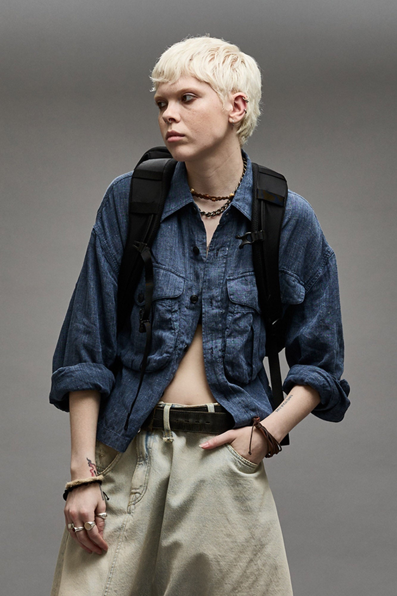 CROPPED BELLOW POCKET SHIRT - INDIGO BLUE - 3