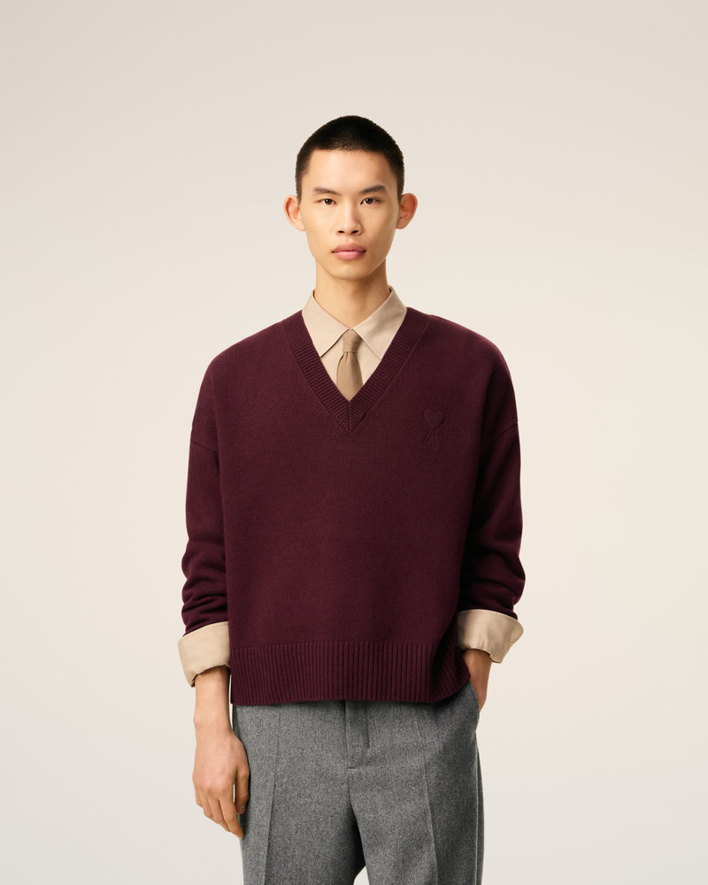BURGUNDY WOOL AMI DE COEUR V NECK SWEATER 4