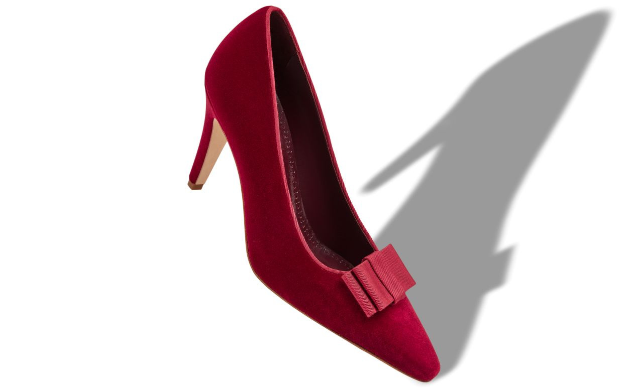 Dark Red Velvet Bow Detail Pumps - 2