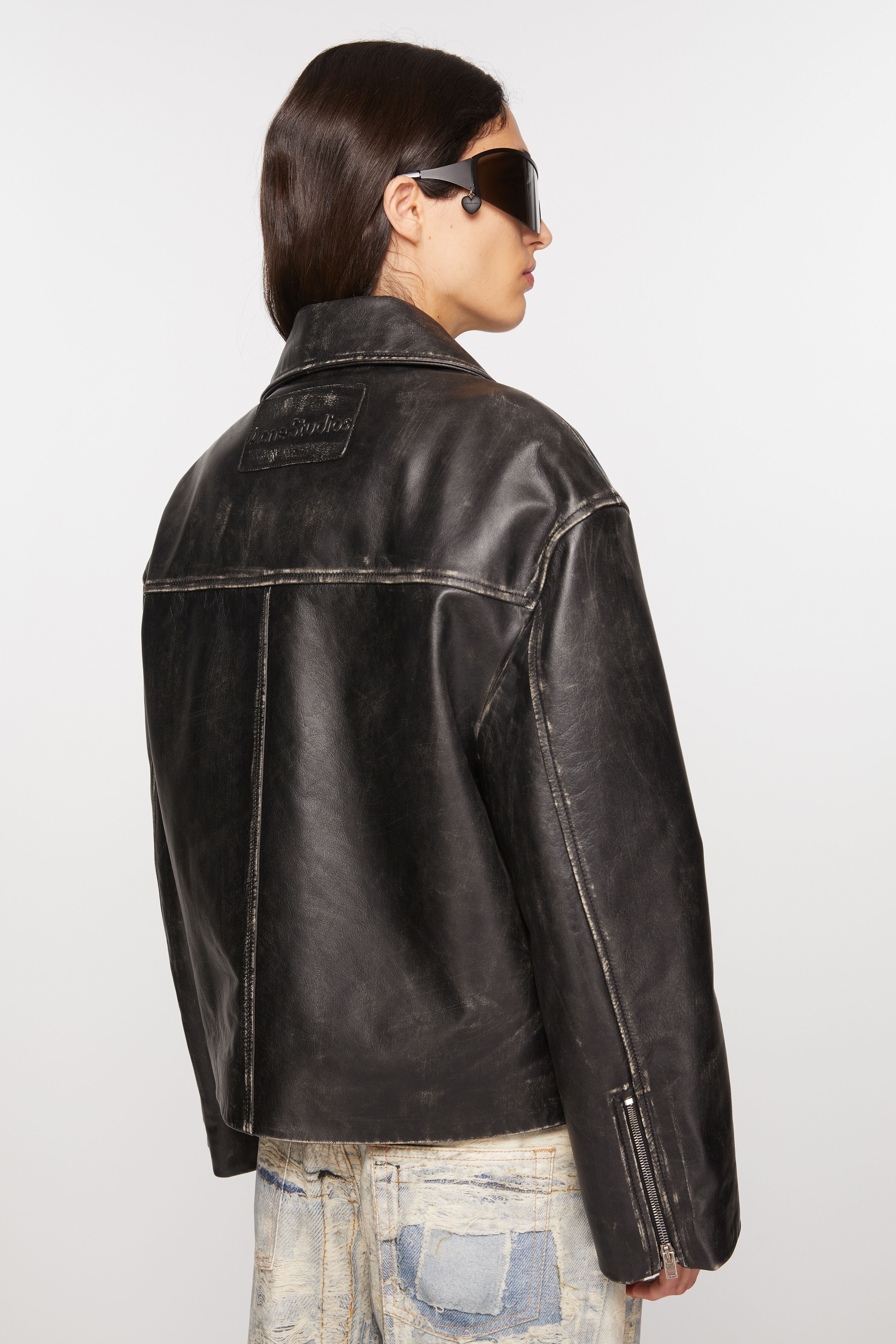 Sanded leather biker jacket - Black - 4