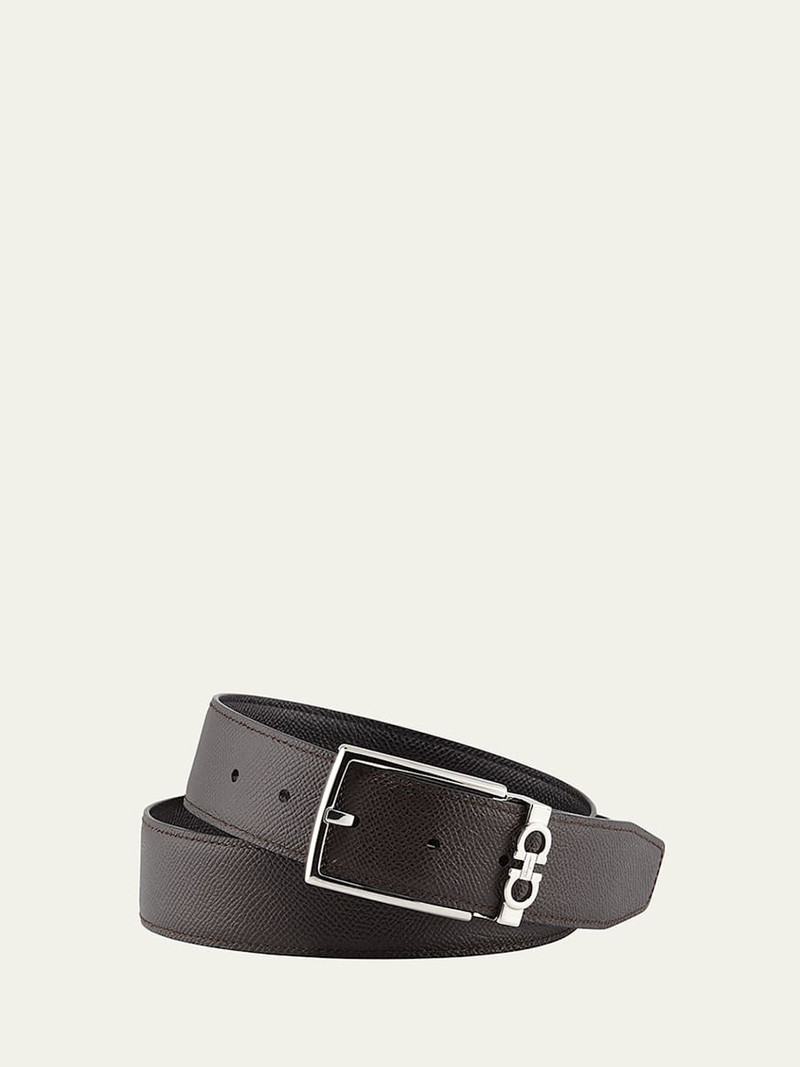 FERRAGAMO Men's Reversible Textured Leather Belt with Classic Buckle outlook