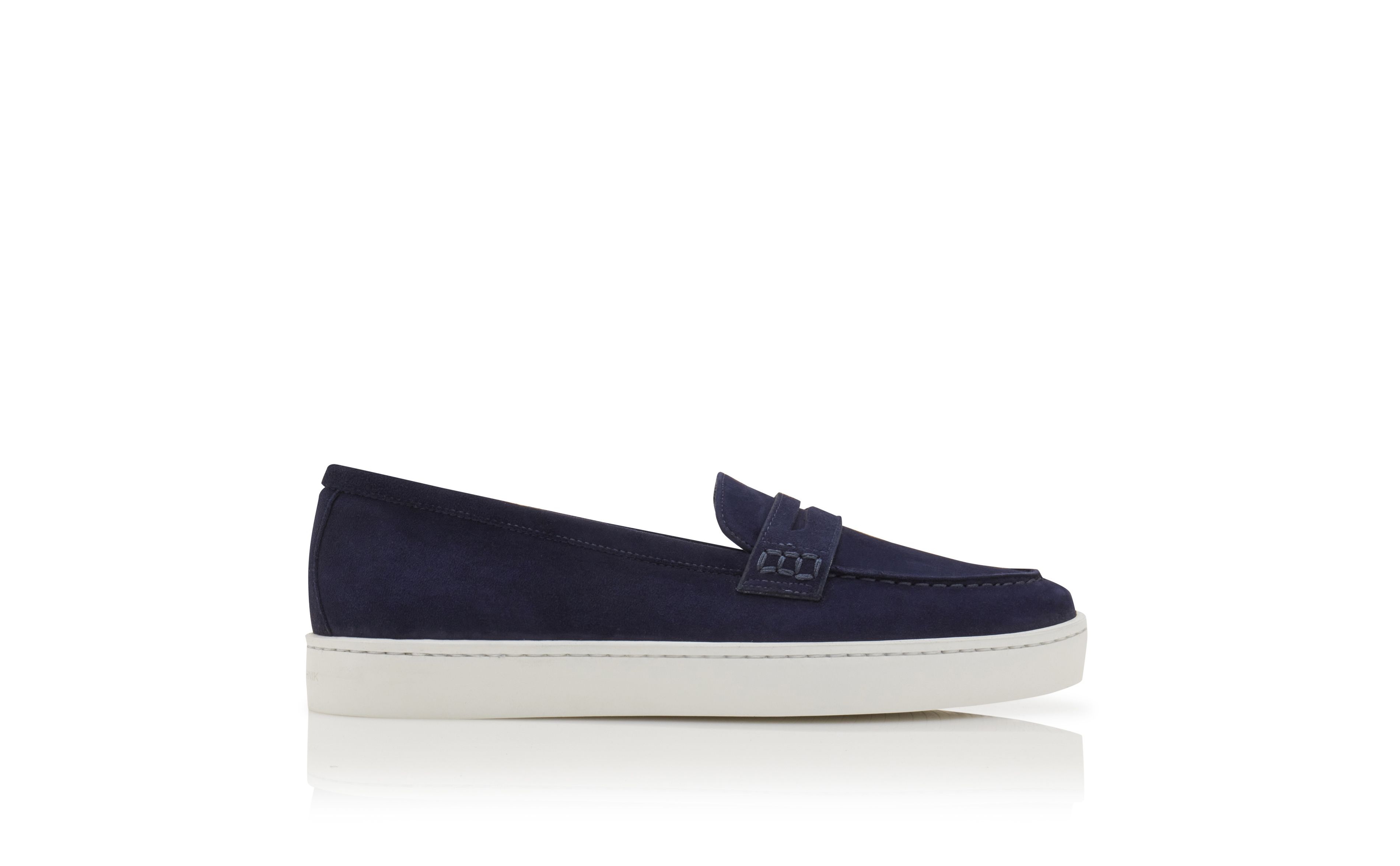Navy Blue Suede Penny Loafers - 1