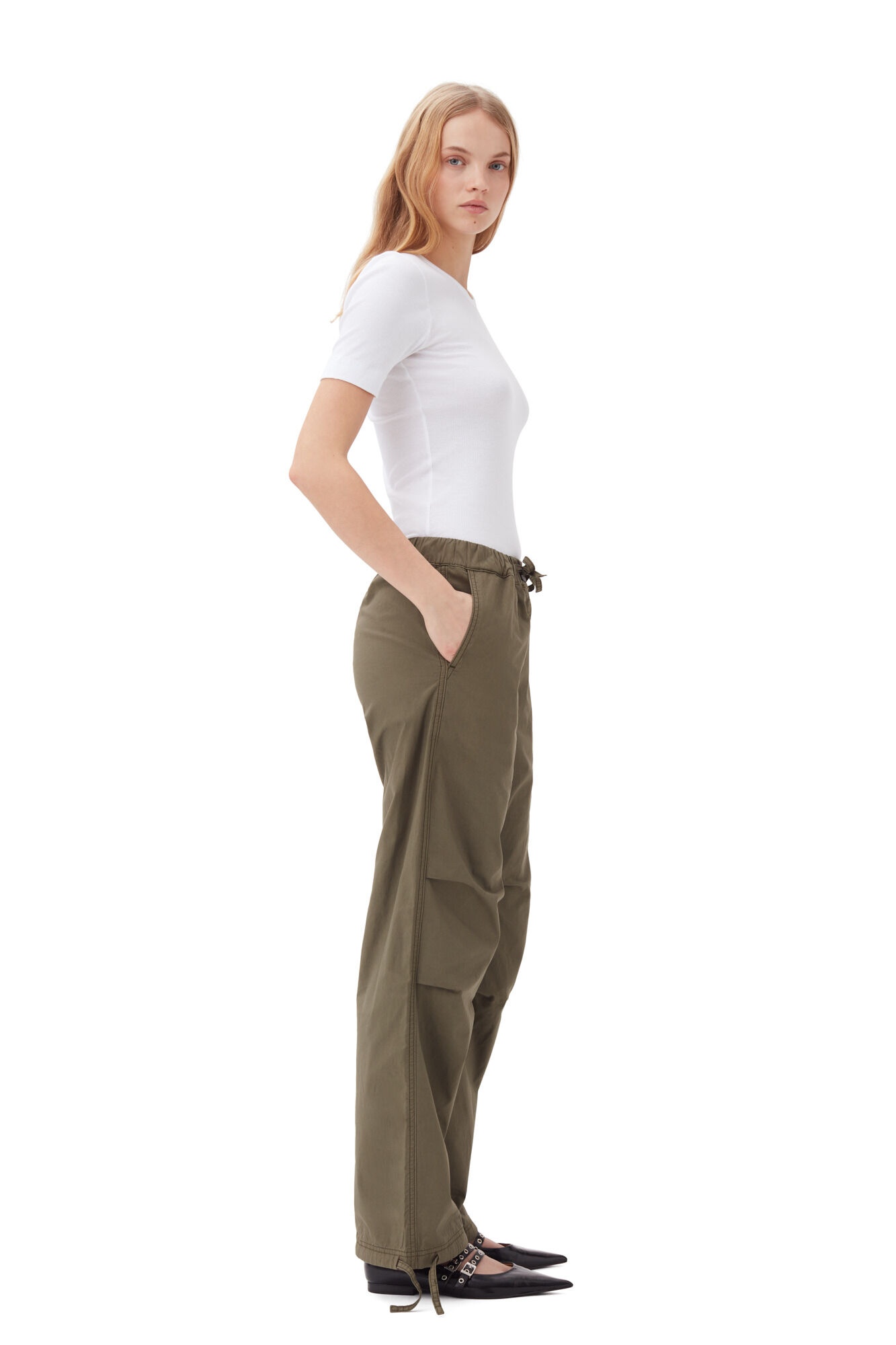 GREEN WASHED COTTON CANVAS DRAWSTRING TROUSERS - 3