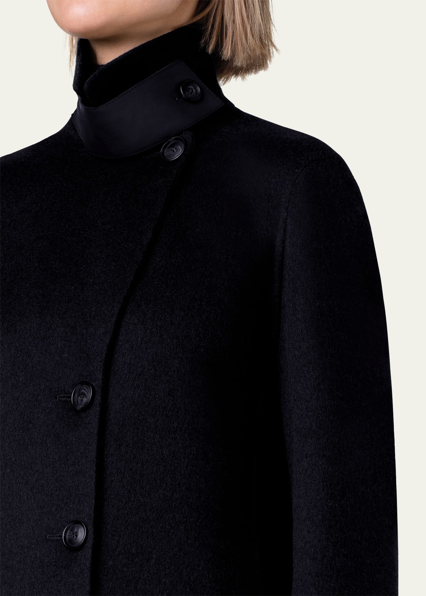 Leather Collar Cashmere Coat - 5