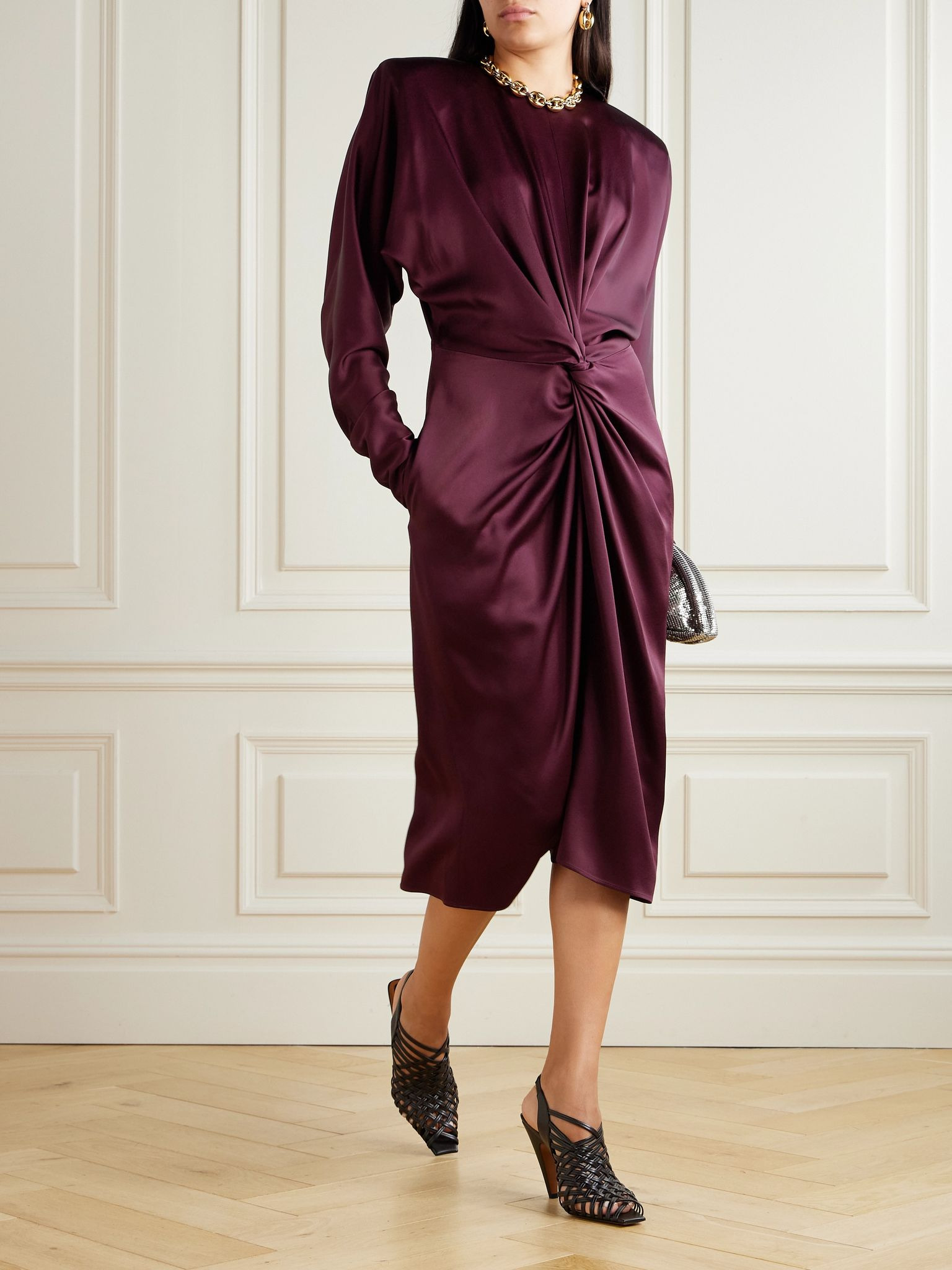 Twist-front satin midi dress Burgundy - 2