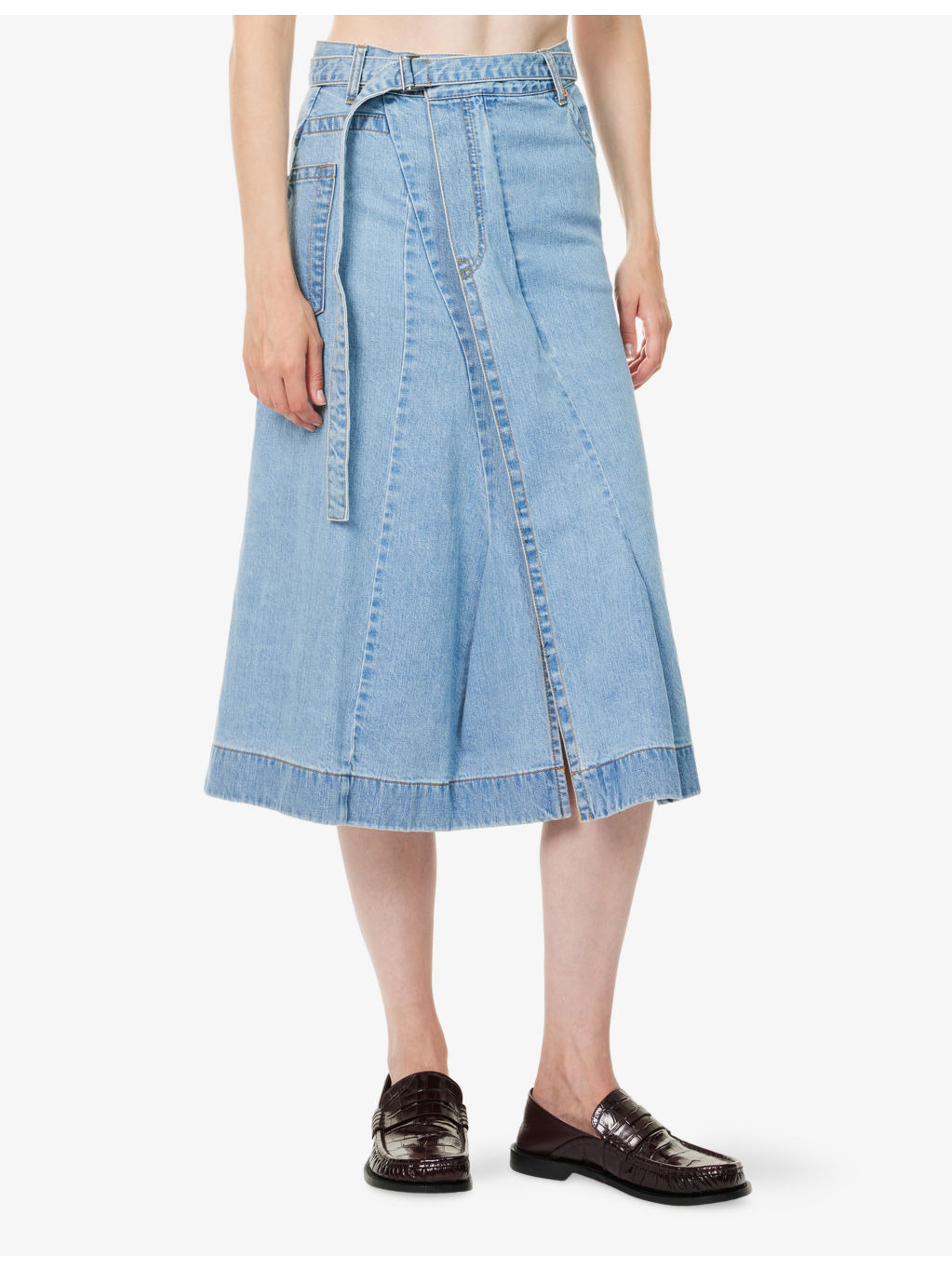 Flared Asymmetric Denim Midi Skirt - 3