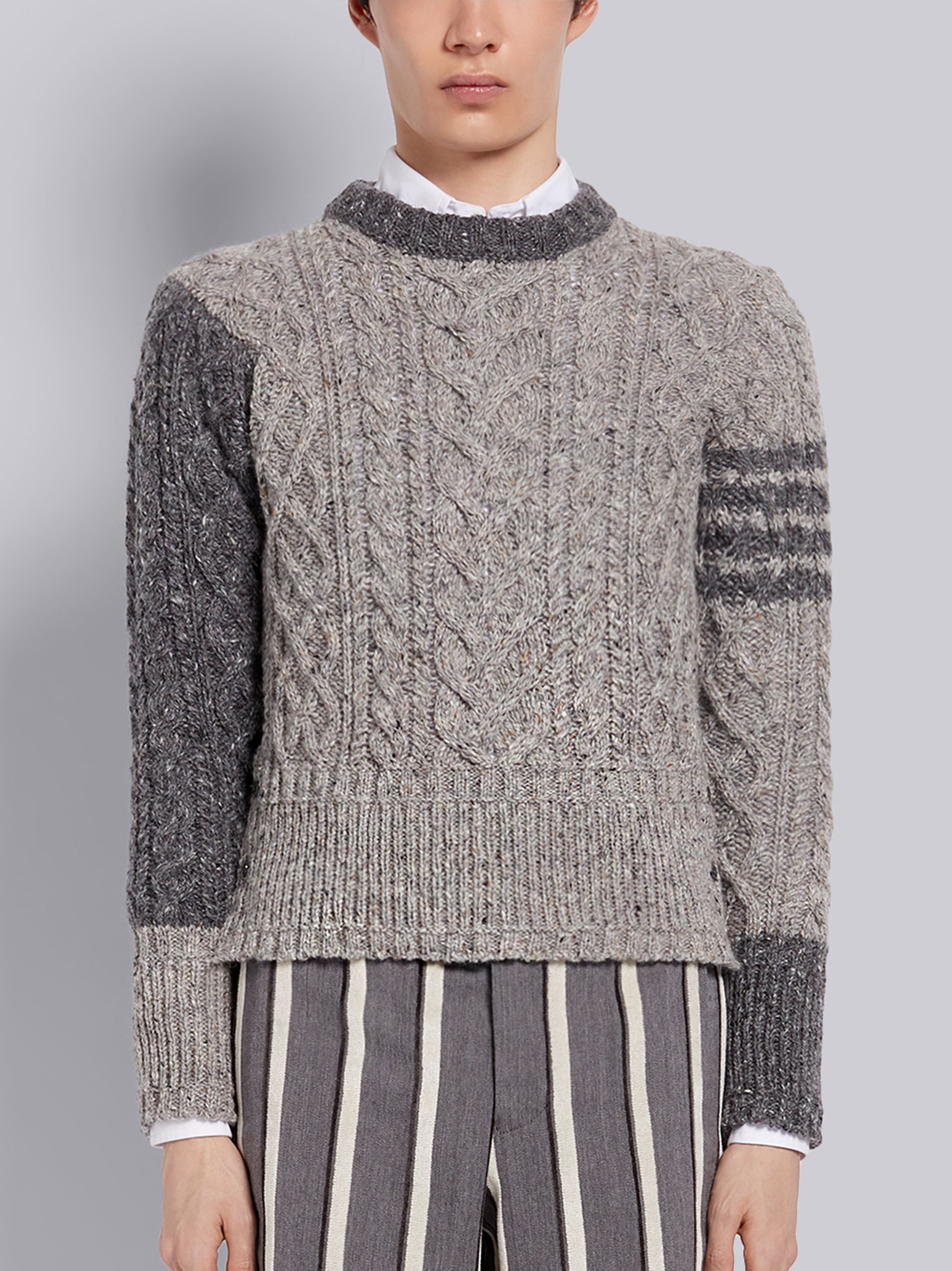 Tonal Grey Wool Mohair Tweed Fun-Mix Aran Cable Crewneck 4-Bar Pullover - 1