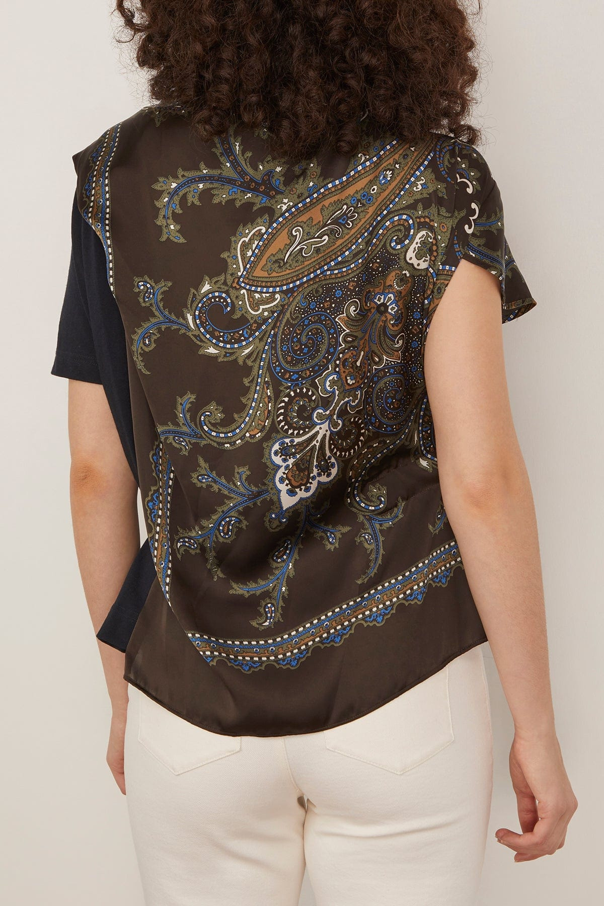 Paisley Print Cotton Jersey T-Shirt in Navy/Khaki - 4