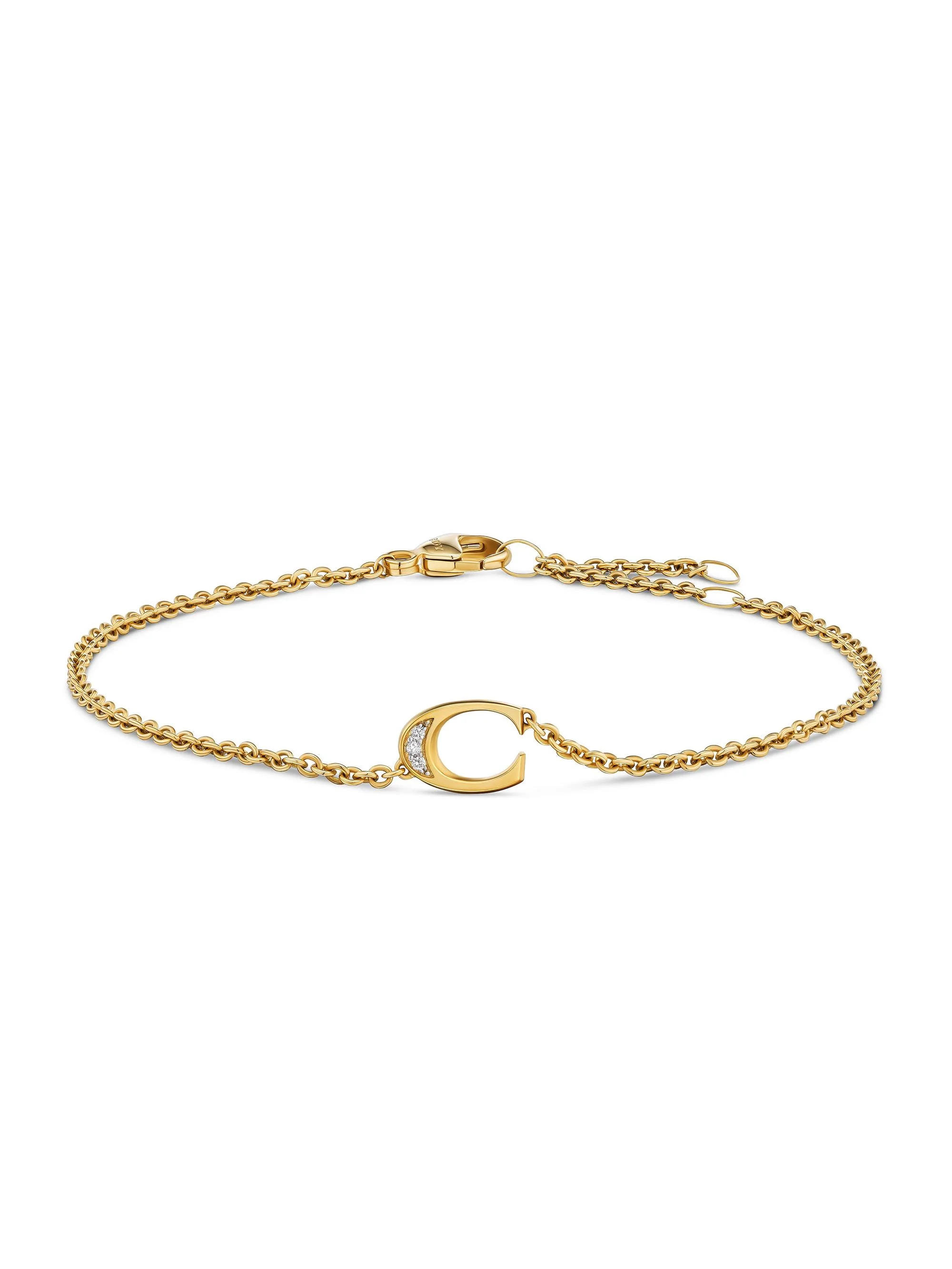 Women's Petite Pavé Initial Chain Bracelet in 18K Yellow Gold - Initial C - 1