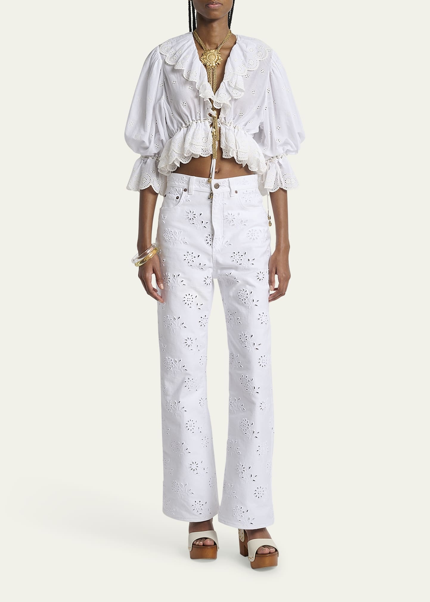 Eyelet Cotton Ruffle Crop Peasant Blouse - 2